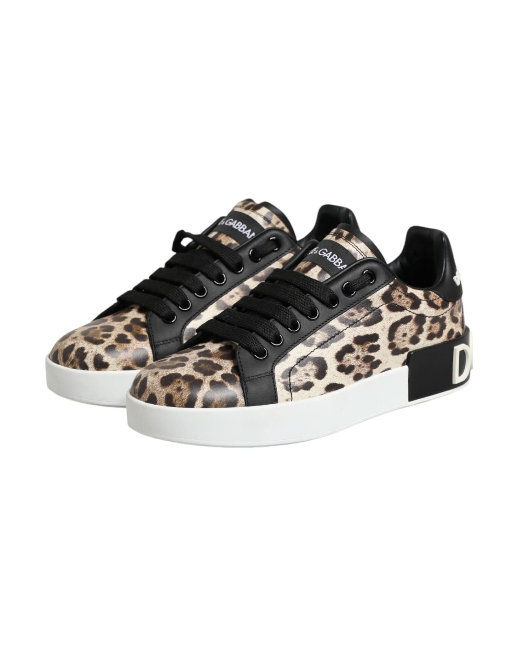Dolce & Gabbana Brown Leather Leopard Low Top Sneakers Shoes Sneakers