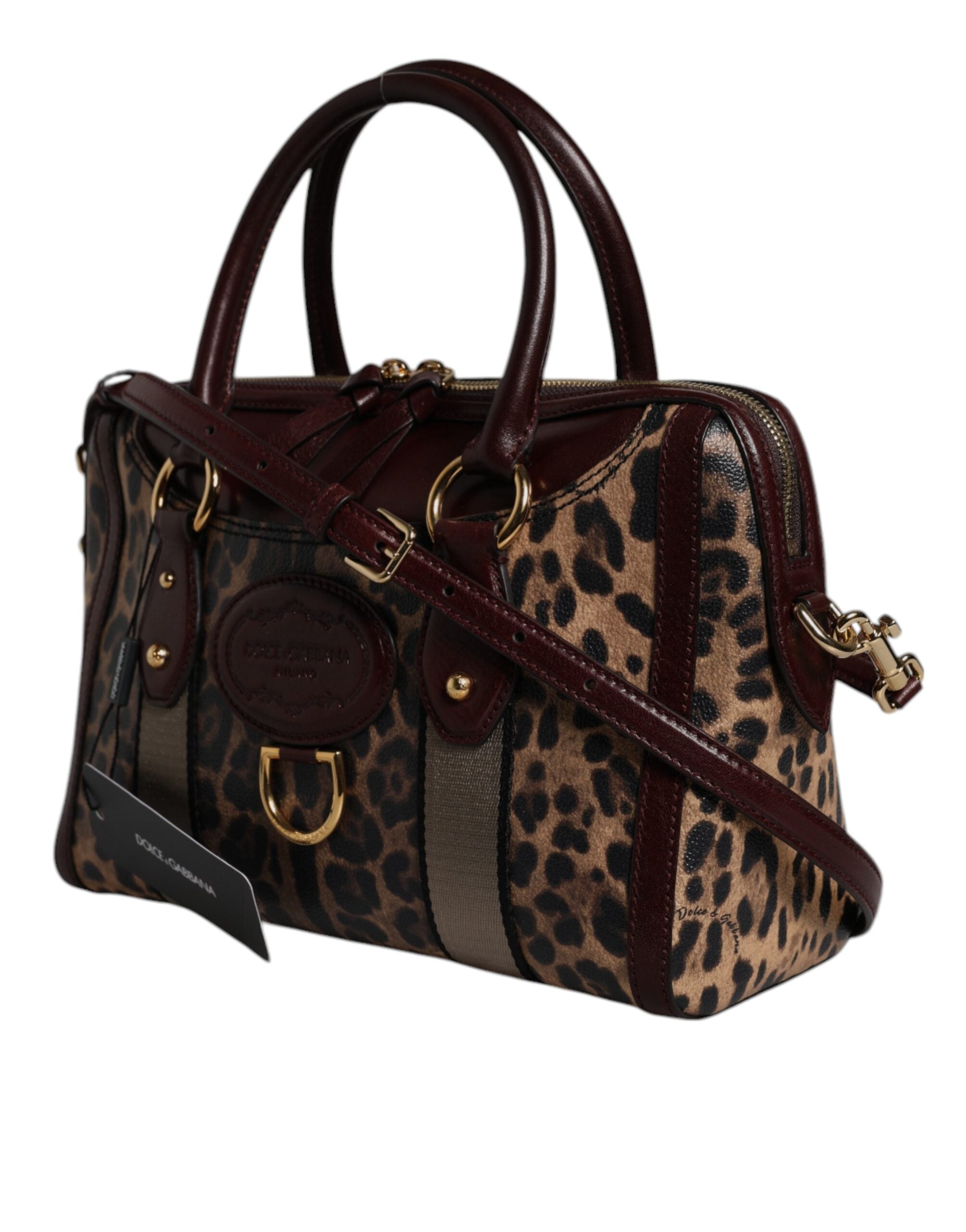 Dolce & Gabbana Brown Leather Leopard Shoulder Strap Duffle Bag Glam Steals