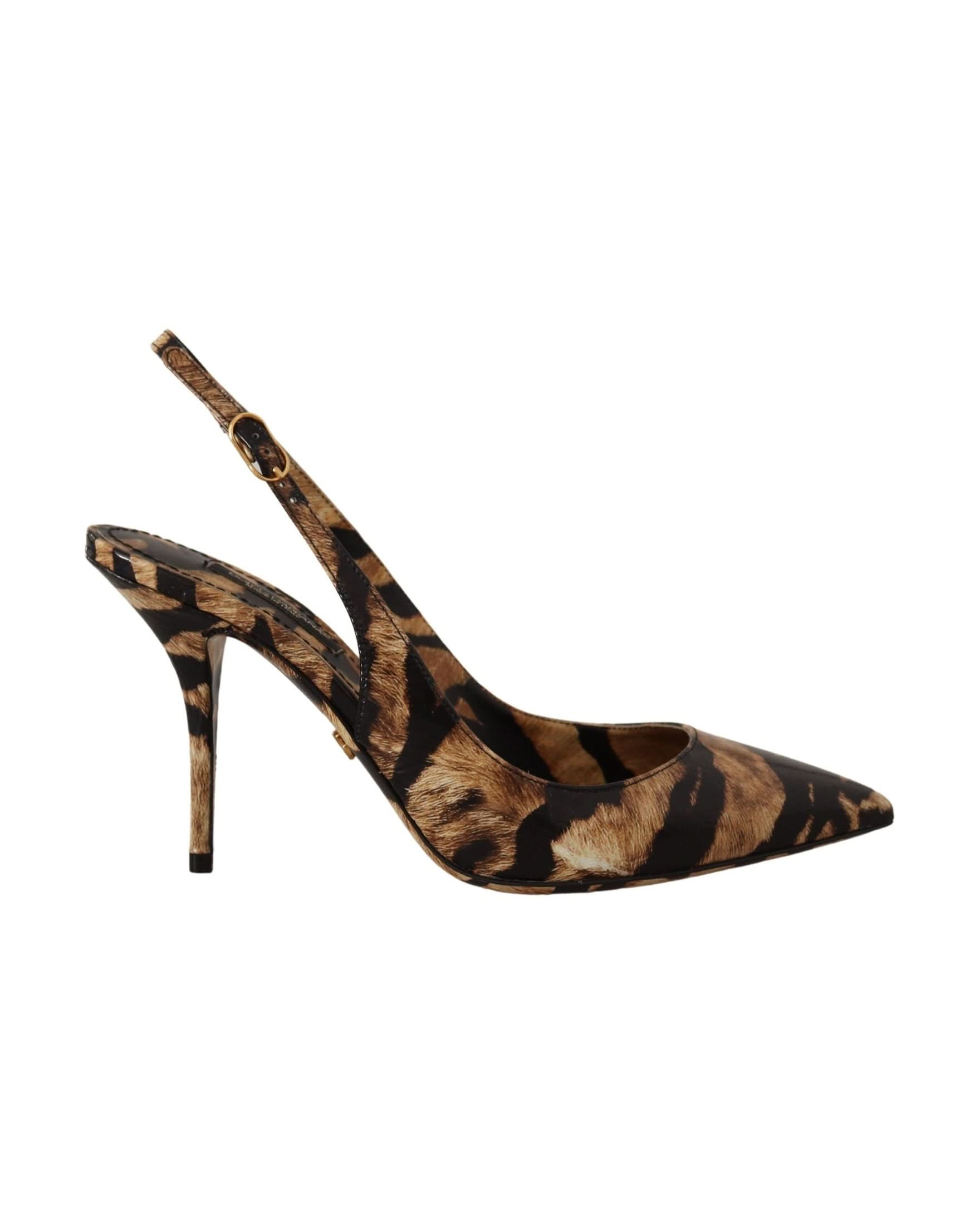 Dolce & Gabbana Brown Leather Slingbacks Tiger Shoes Heels