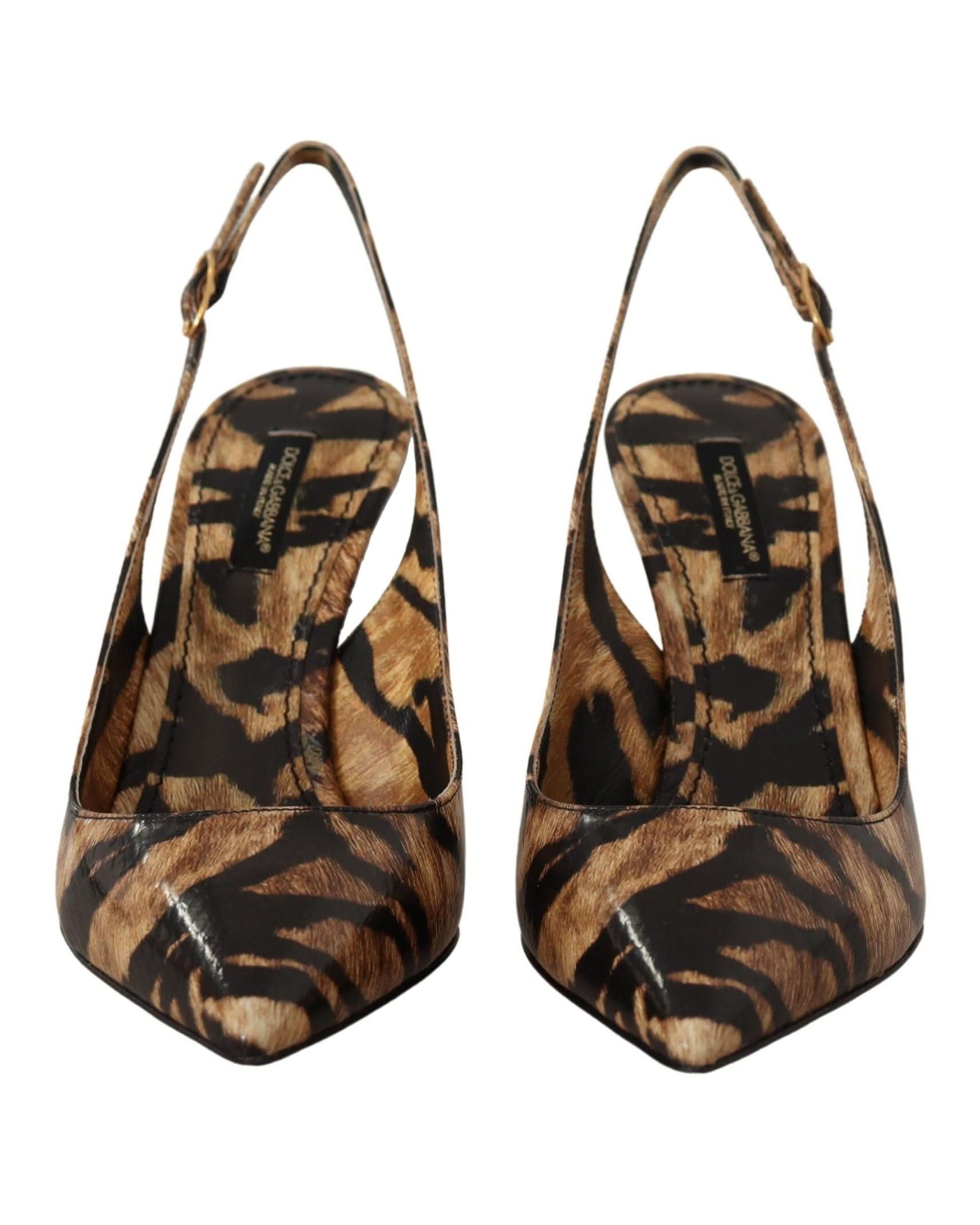 Dolce & Gabbana Brown Leather Slingbacks Tiger Shoes Heels