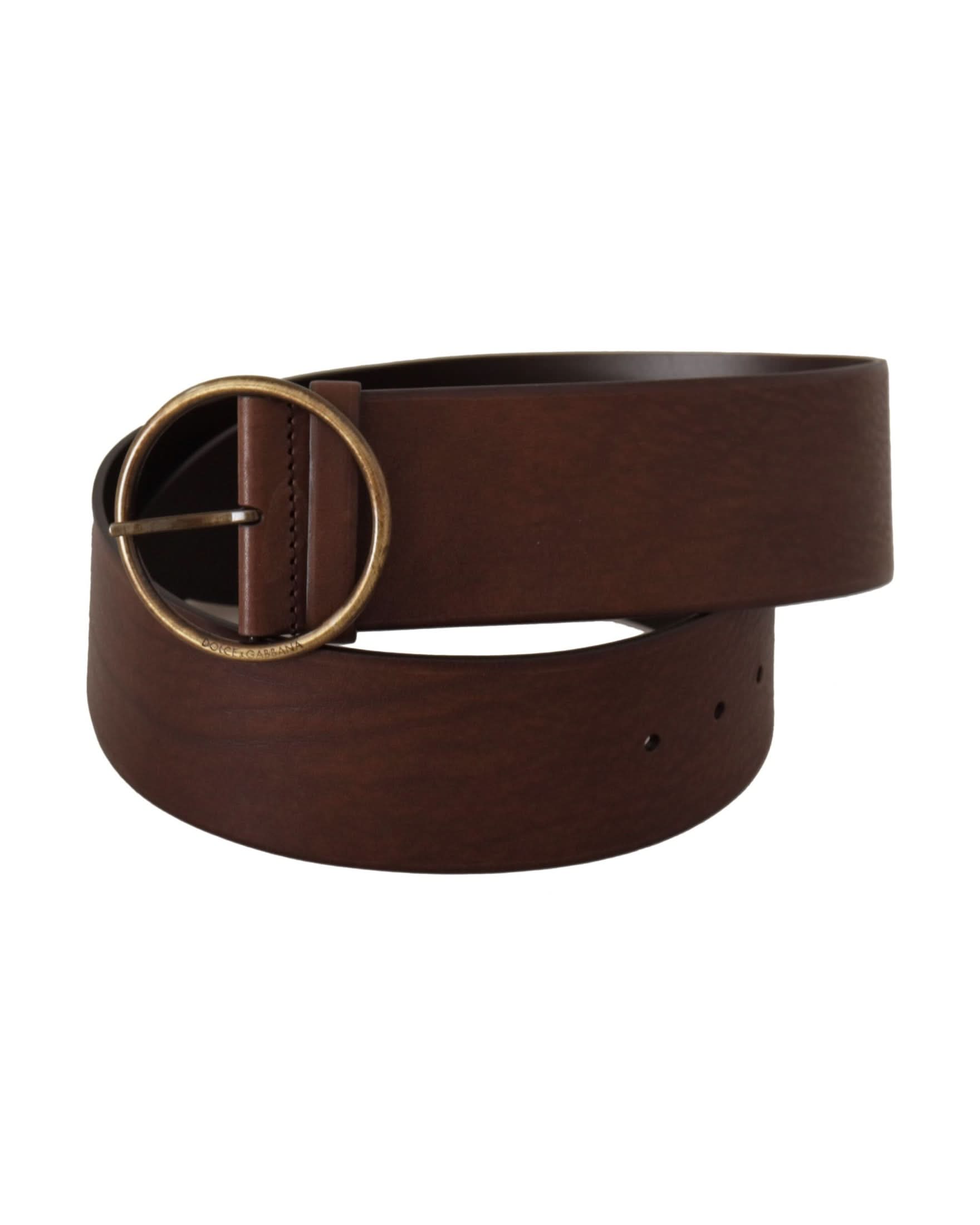 Dolce & Gabbana Brown Leather Wide Waist Logo Metal Round Buckle Belt Belts