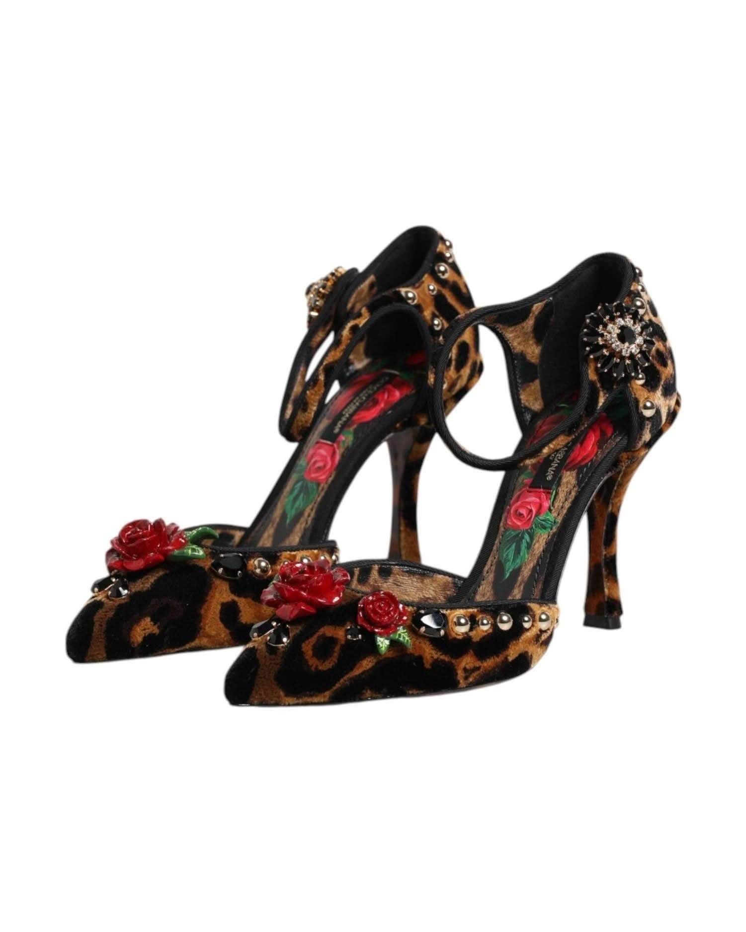 Dolce & Gabbana Brown Leopard Crystal Roses Pumps Shoes Heels