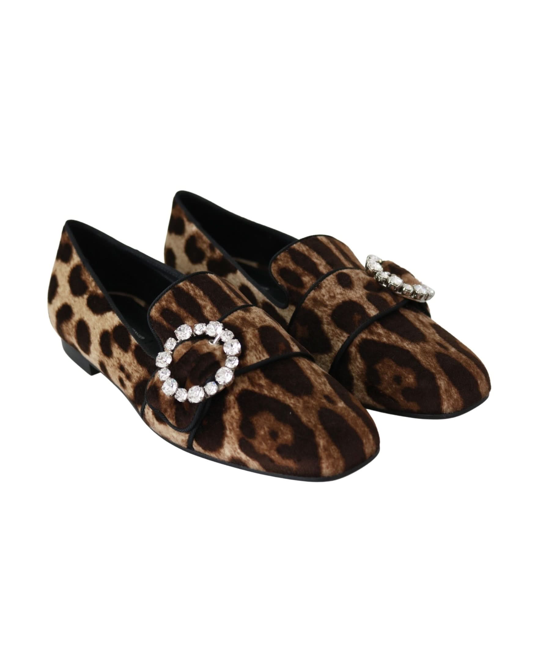 Dolce & Gabbana Brown Leopard Print Crystals Loafers Flats Shoes Flats