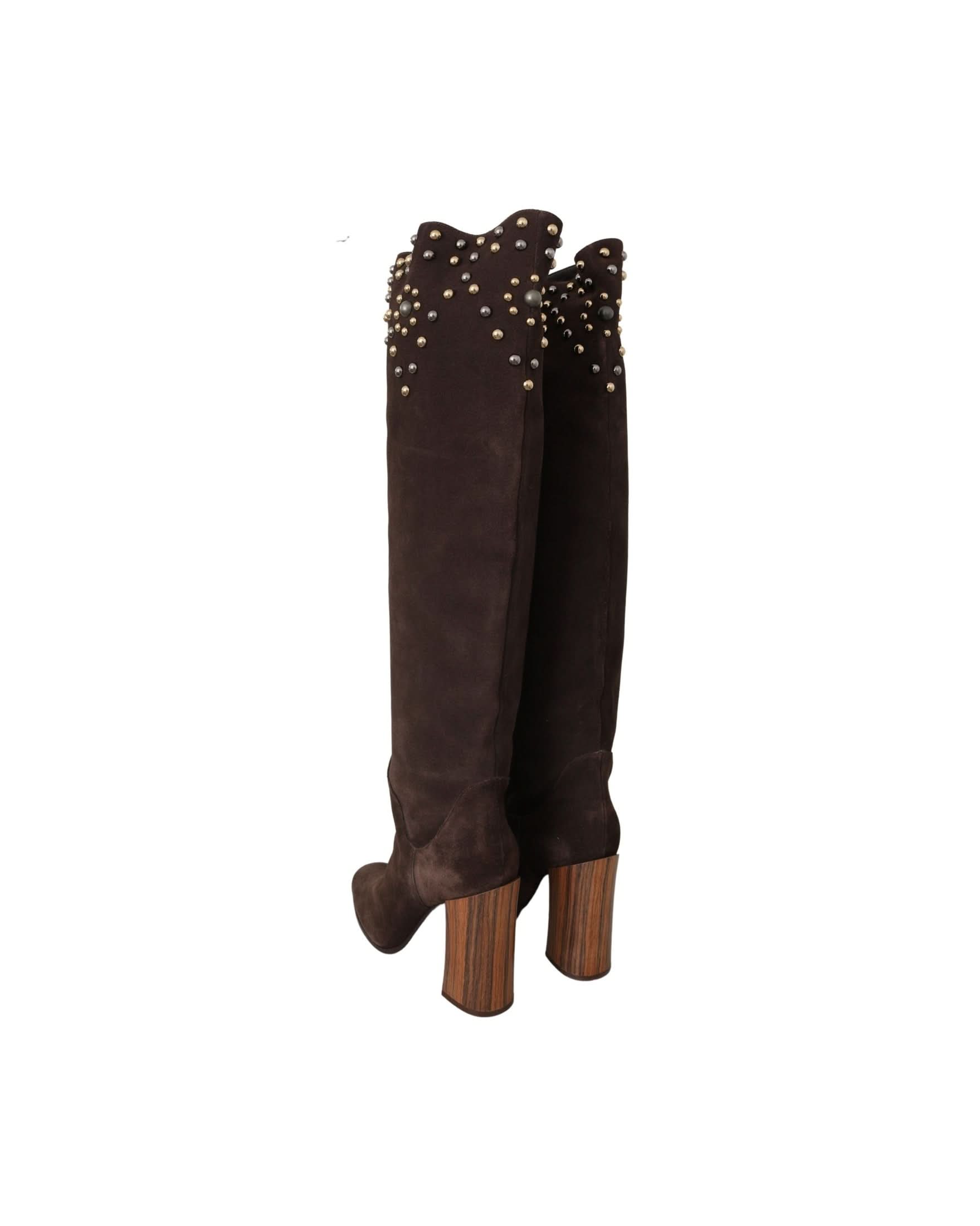 Dolce & Gabbana Brown Suede Studded Knee High Shoes Boots Boots