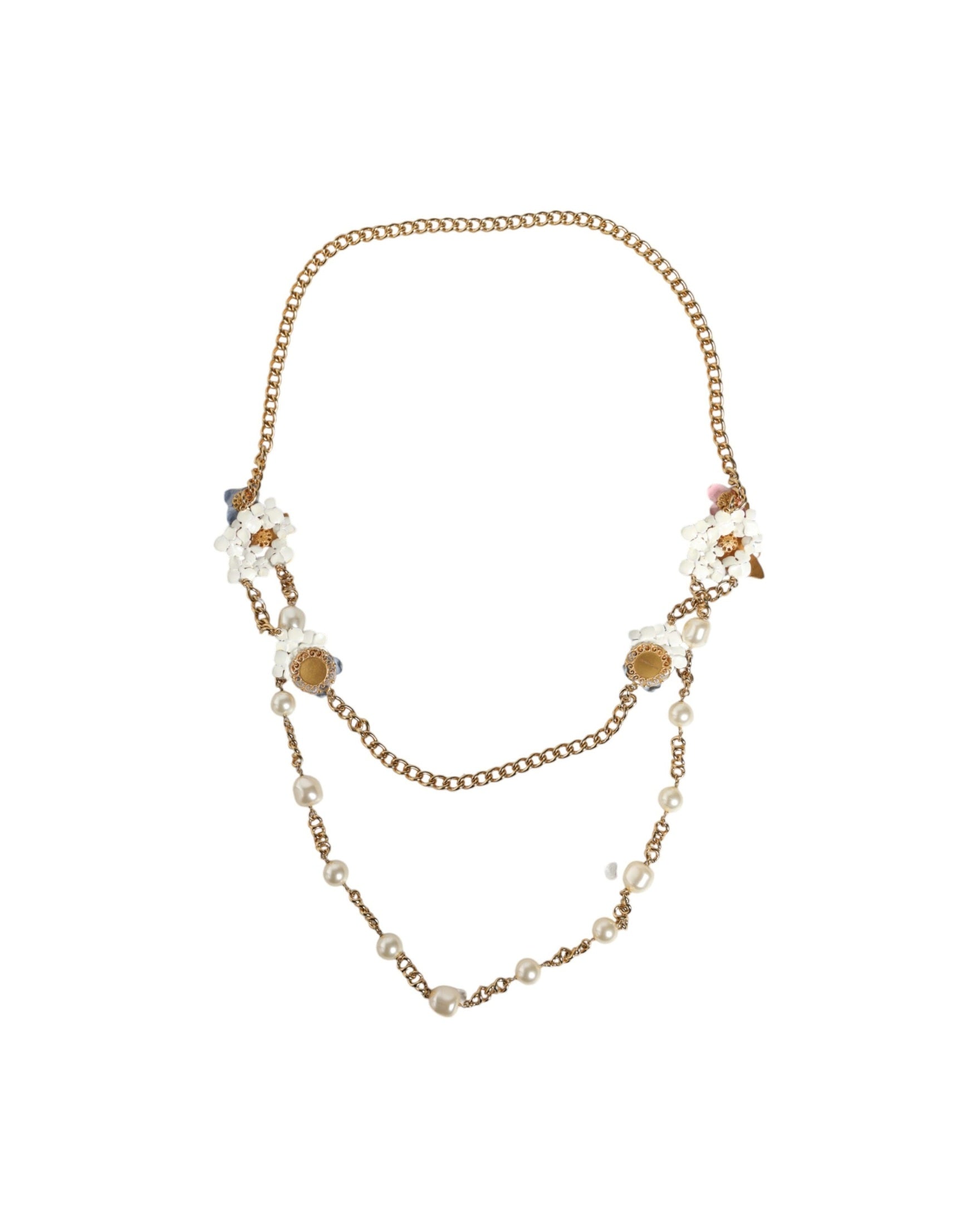 Dolce & Gabbana Chain Brass Floral Layered Crystal Pearl Gold Necklace Glam Steals