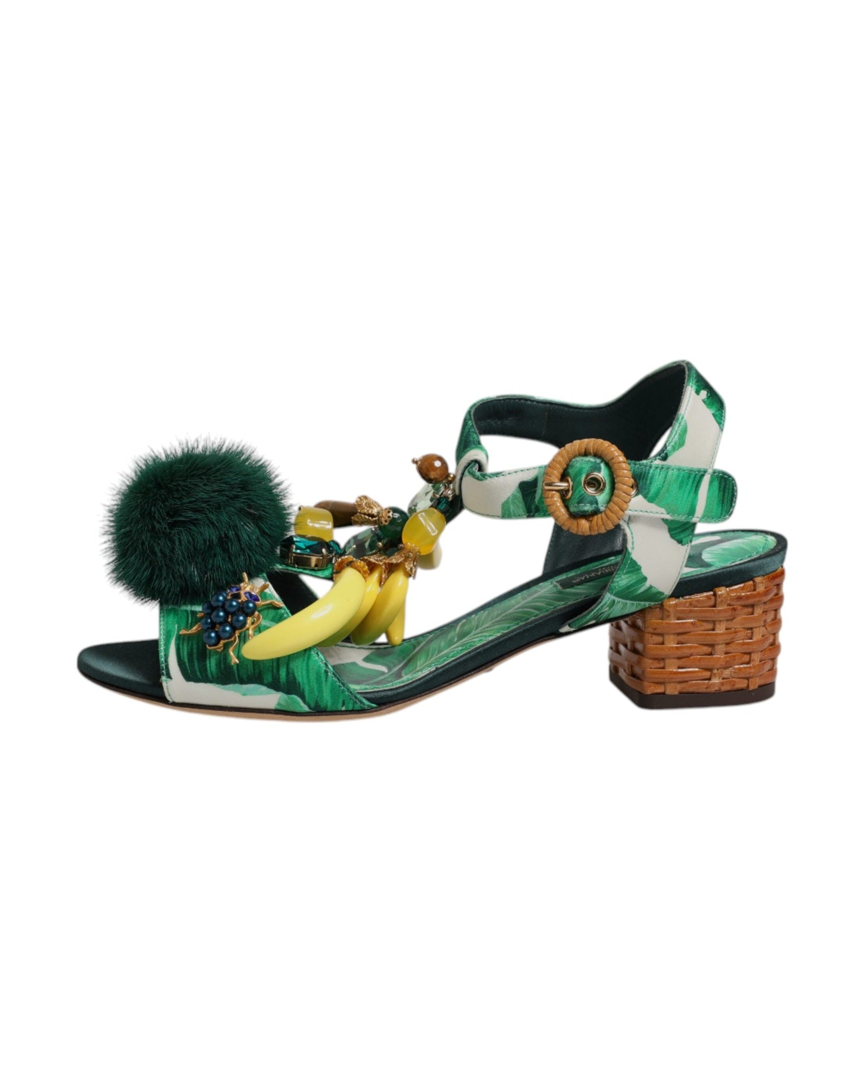Dolce & Gabbana Crystal Fur Embellished Sandals Green Shoes Glam Steals