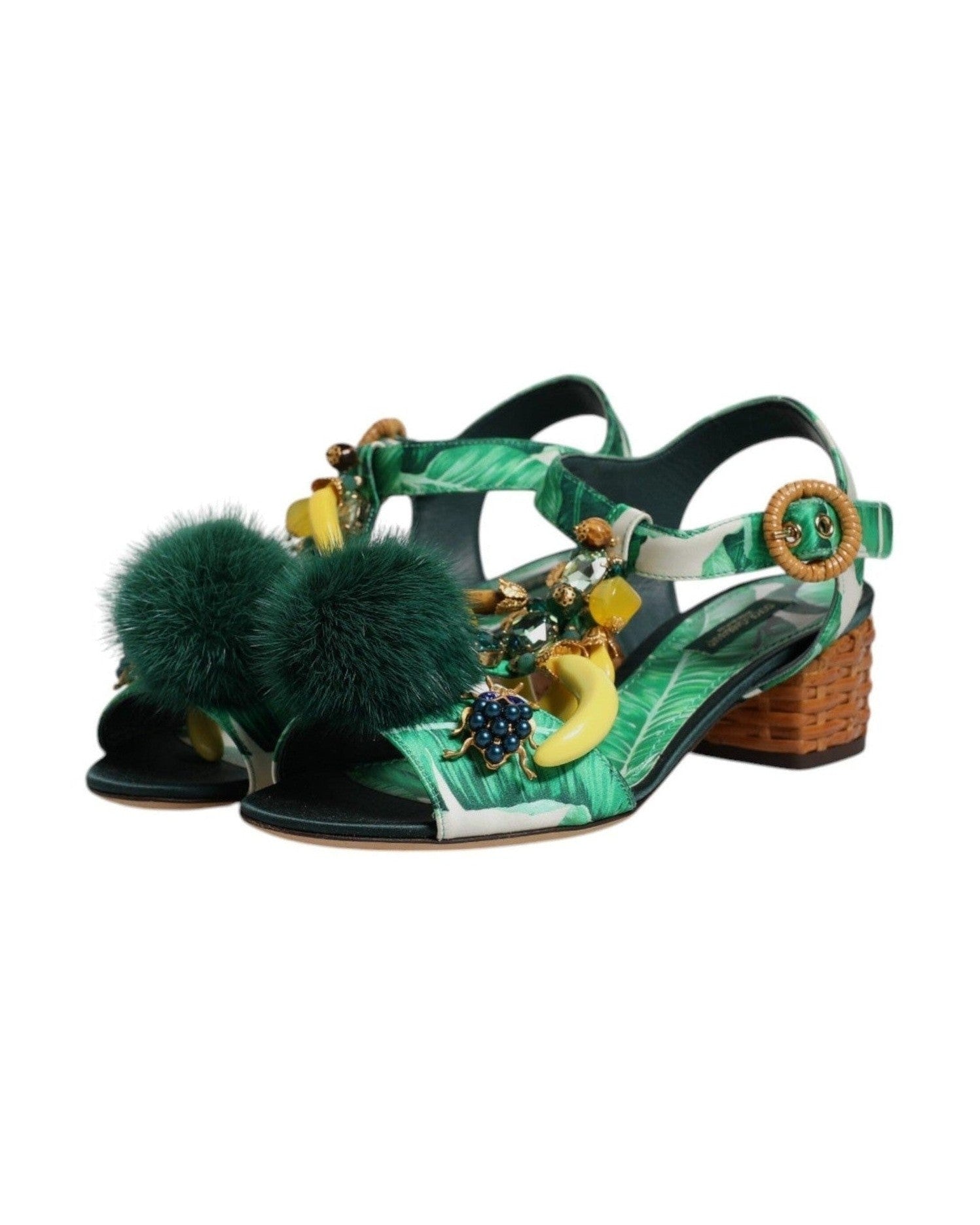 Dolce & Gabbana Crystal Fur Embellished Sandals Green Shoes Glam Steals