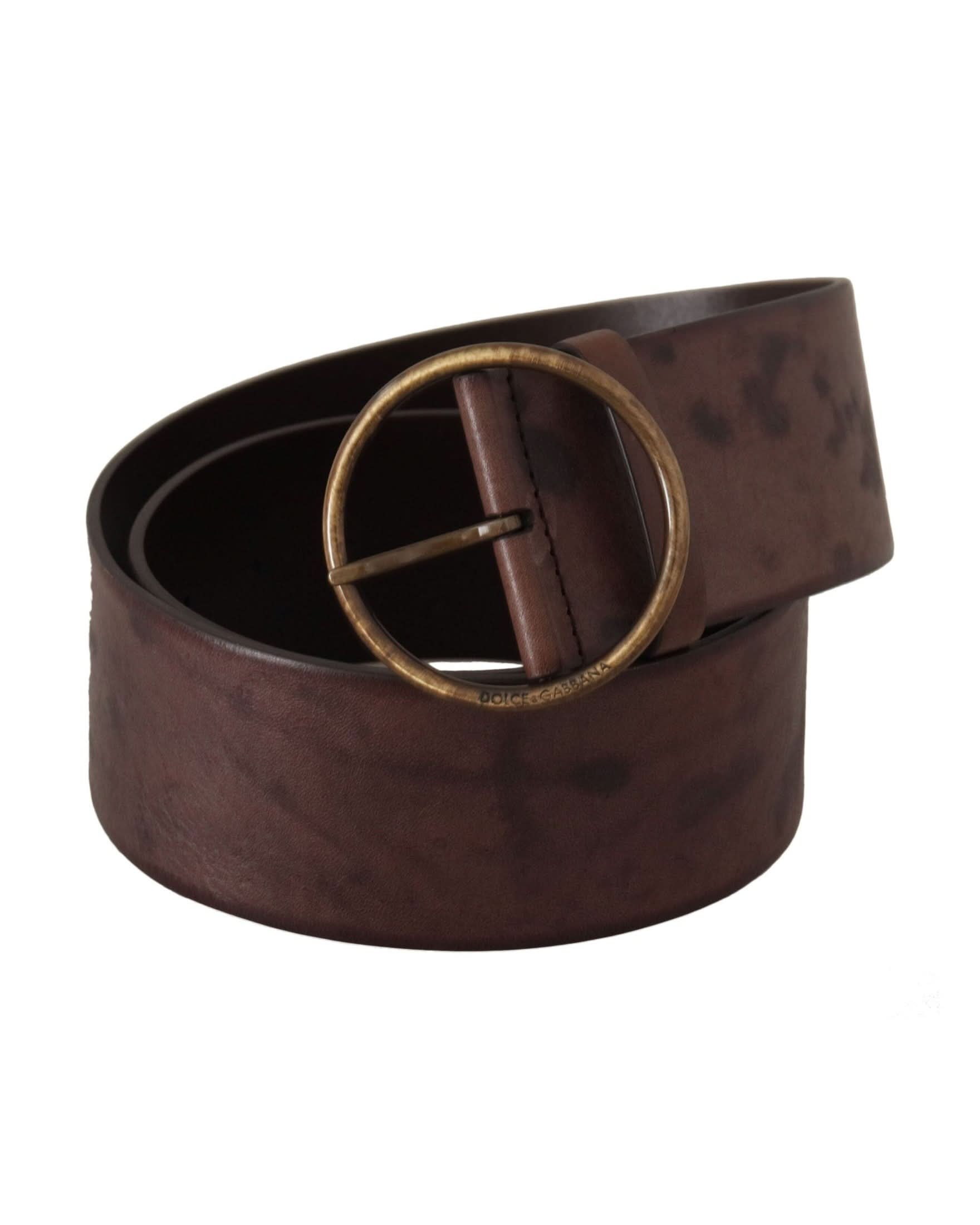 Dolce & Gabbana Dark Brown Leather Wide Calf Logo Round Buckle Belt Belts