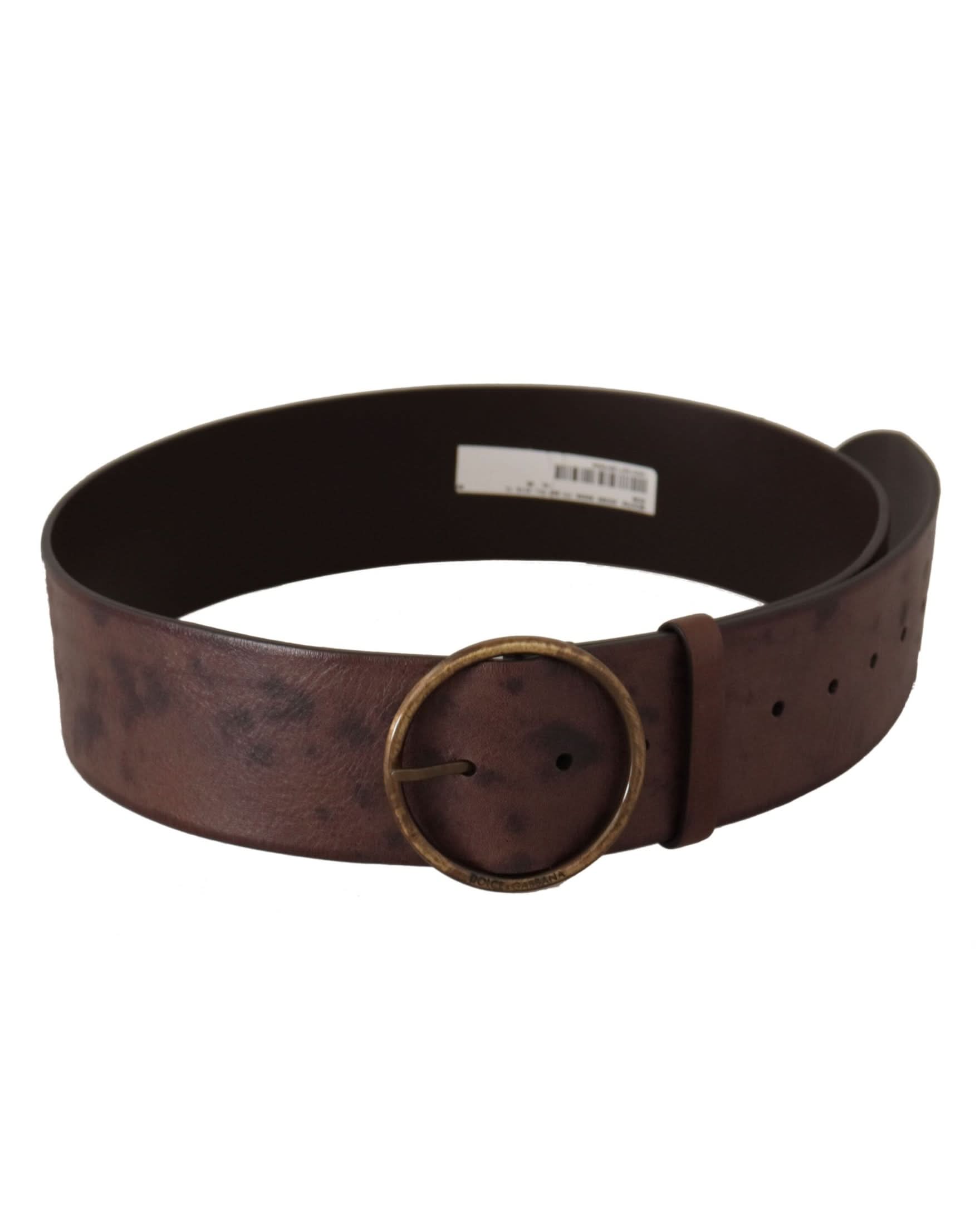 Dolce & Gabbana Dark Brown Leather Wide Calf Logo Round Buckle Belt Belts