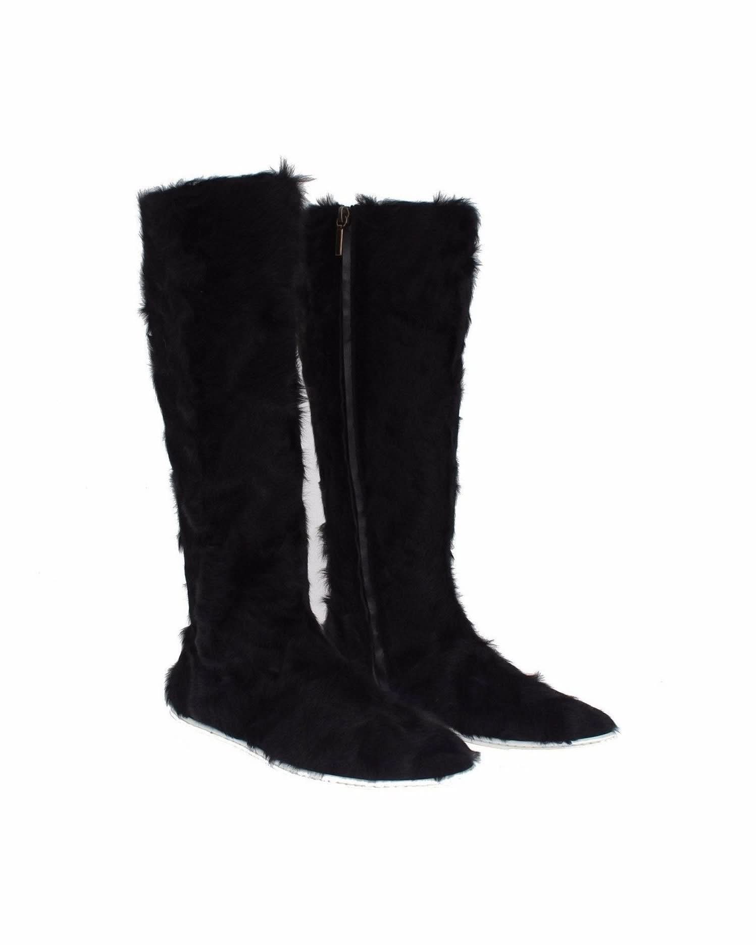 Dolce & Gabbana Black Elegant Fur Leather Flat Sneaker Boots Boots