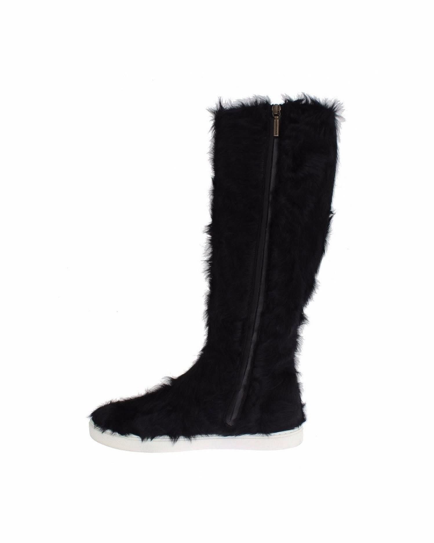 Dolce & Gabbana Black Elegant Fur Leather Flat Sneaker Boots Boots