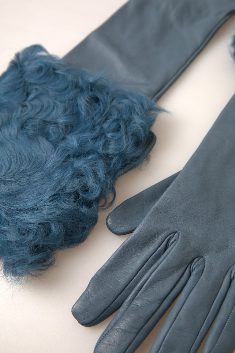 Dolce & Gabbana Elegant Leather Gloves With Fur Blue Trim Glam Steals