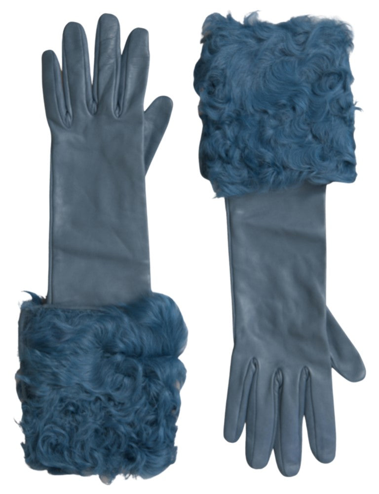 Dolce & Gabbana Elegant Leather Gloves With Fur Blue Trim Glam Steals