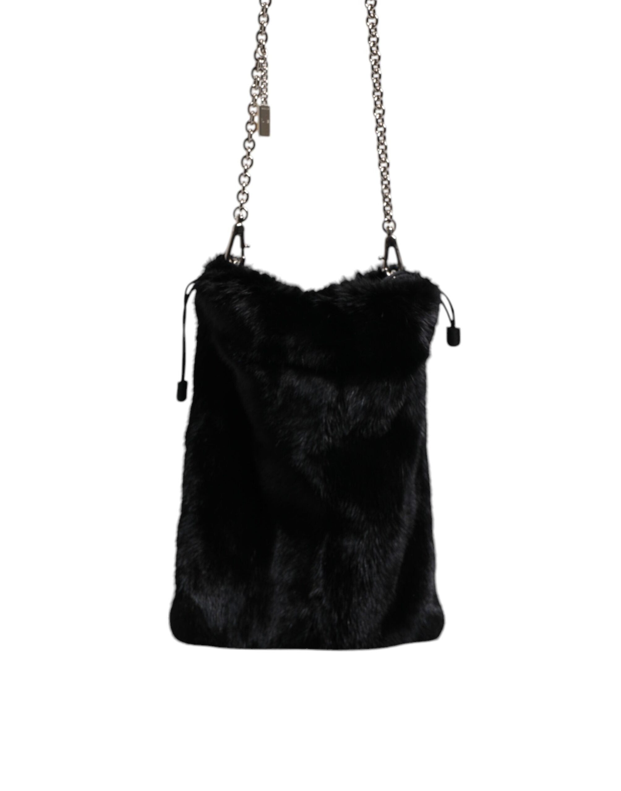 Dolce & Gabbana Faux Fur Chain Crossbody Shoulder Purse Black Silver Bag Glam Steals