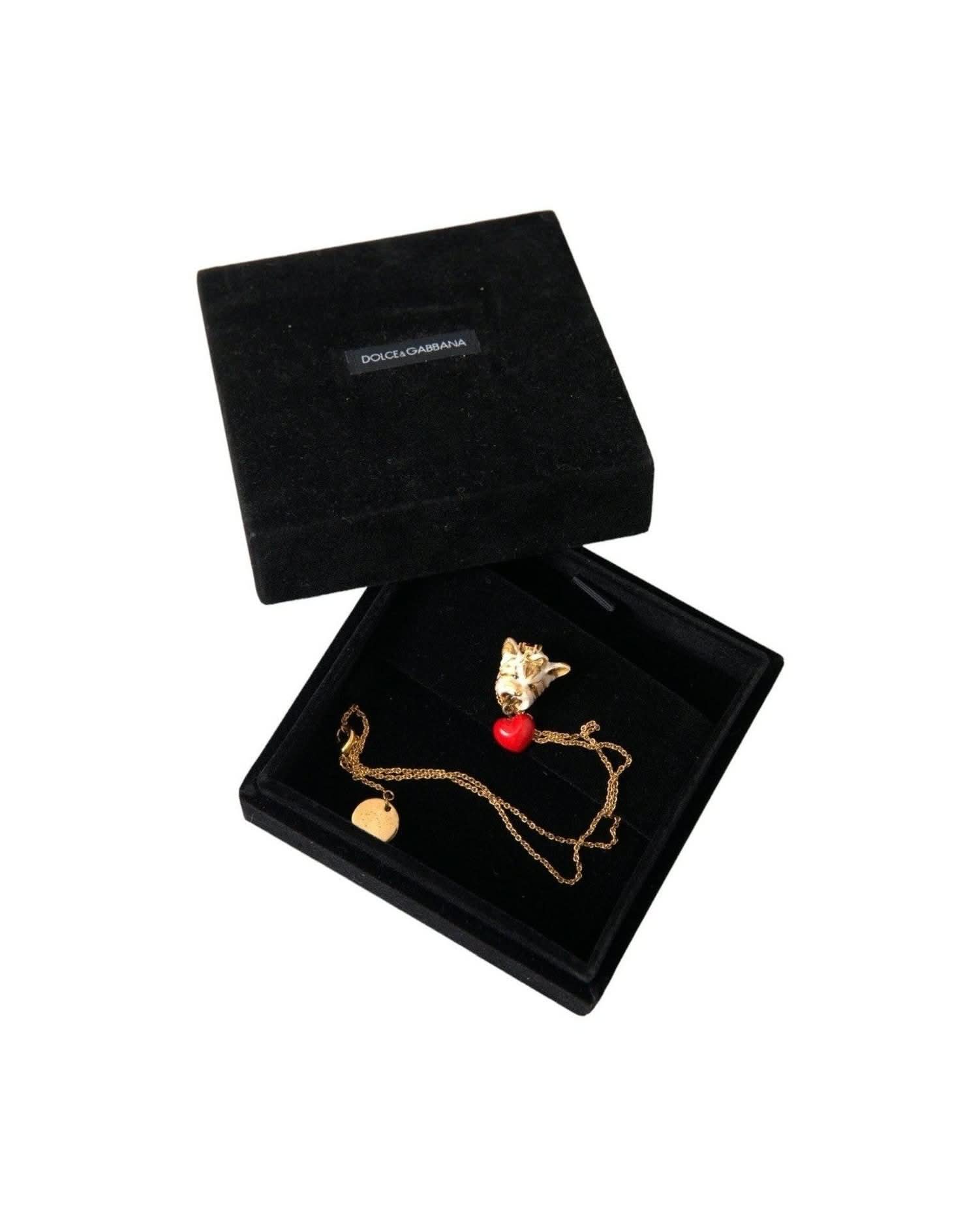 Dolce & Gabbana Gold Brass Chain Dog Heart Pendant Charm Necklace Necklaces