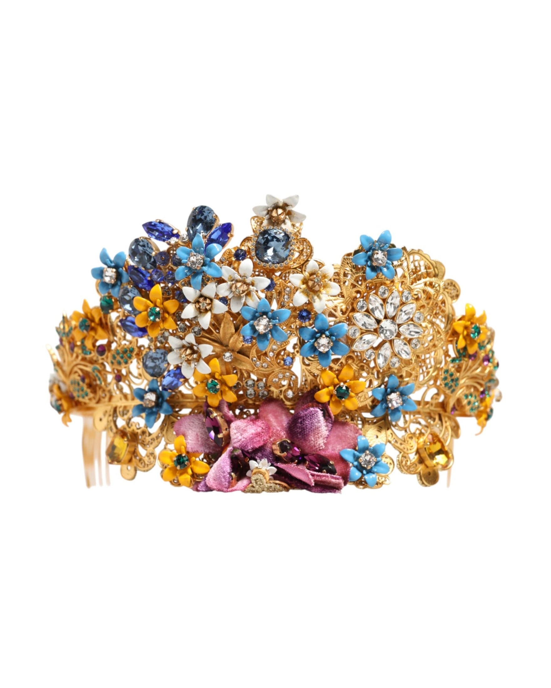 Dolce & Gabbana Gold Brass Crystal Floral Hortensia Crown Headband Tiara Glam Steals