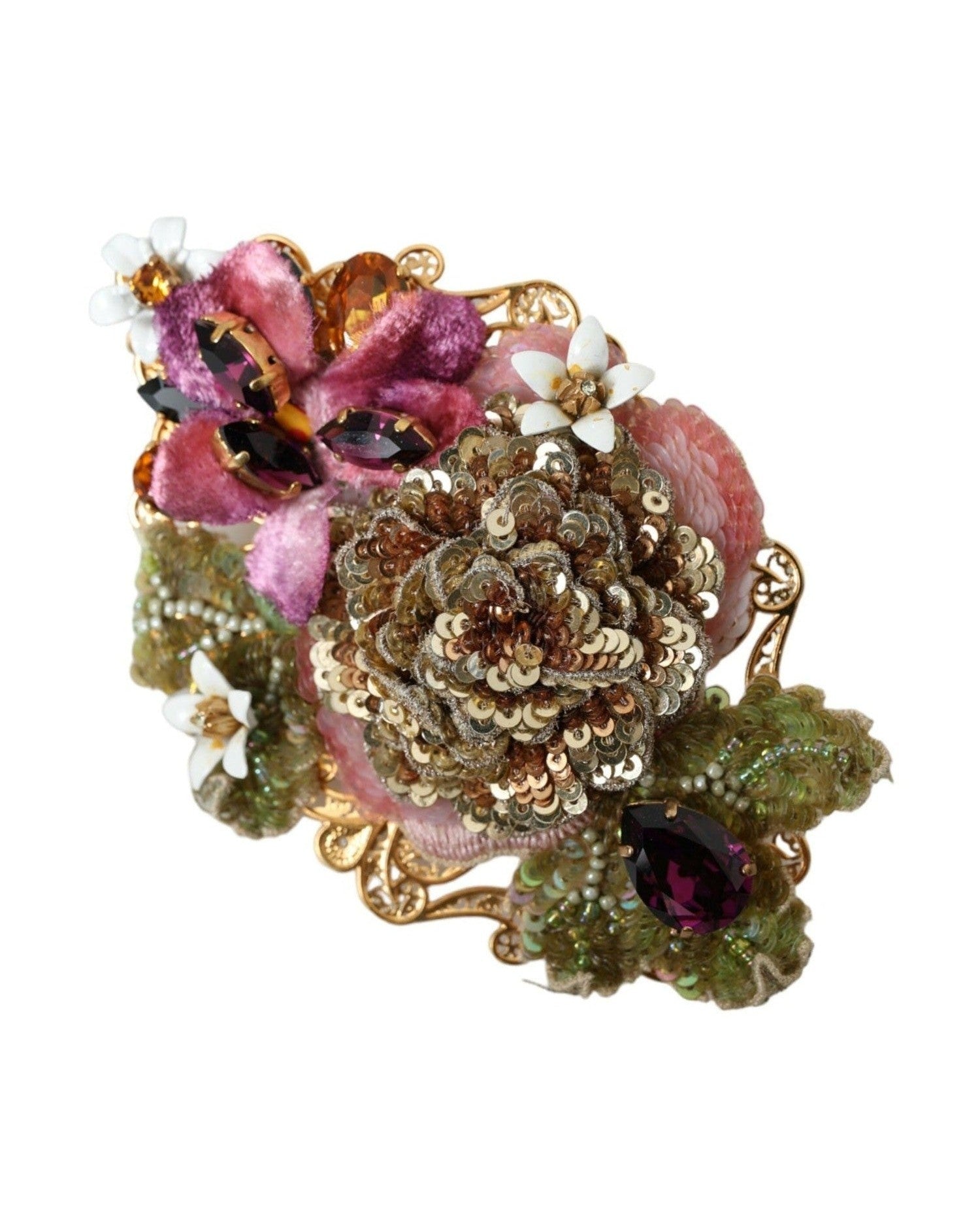 Dolce & Gabbana Brass Floral Crystal Sequined Hair Gold Clip Glam Steals