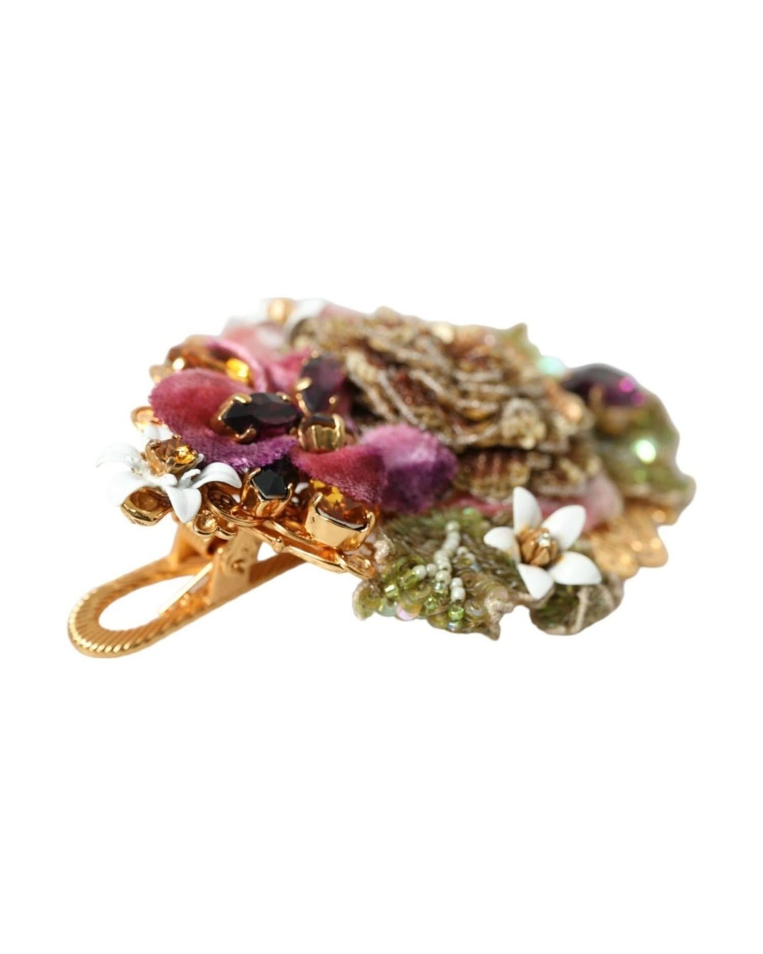 Dolce & Gabbana Gold Brass Floral Crystal Sequined Hair Clip Hair Pins, Claws & Clips