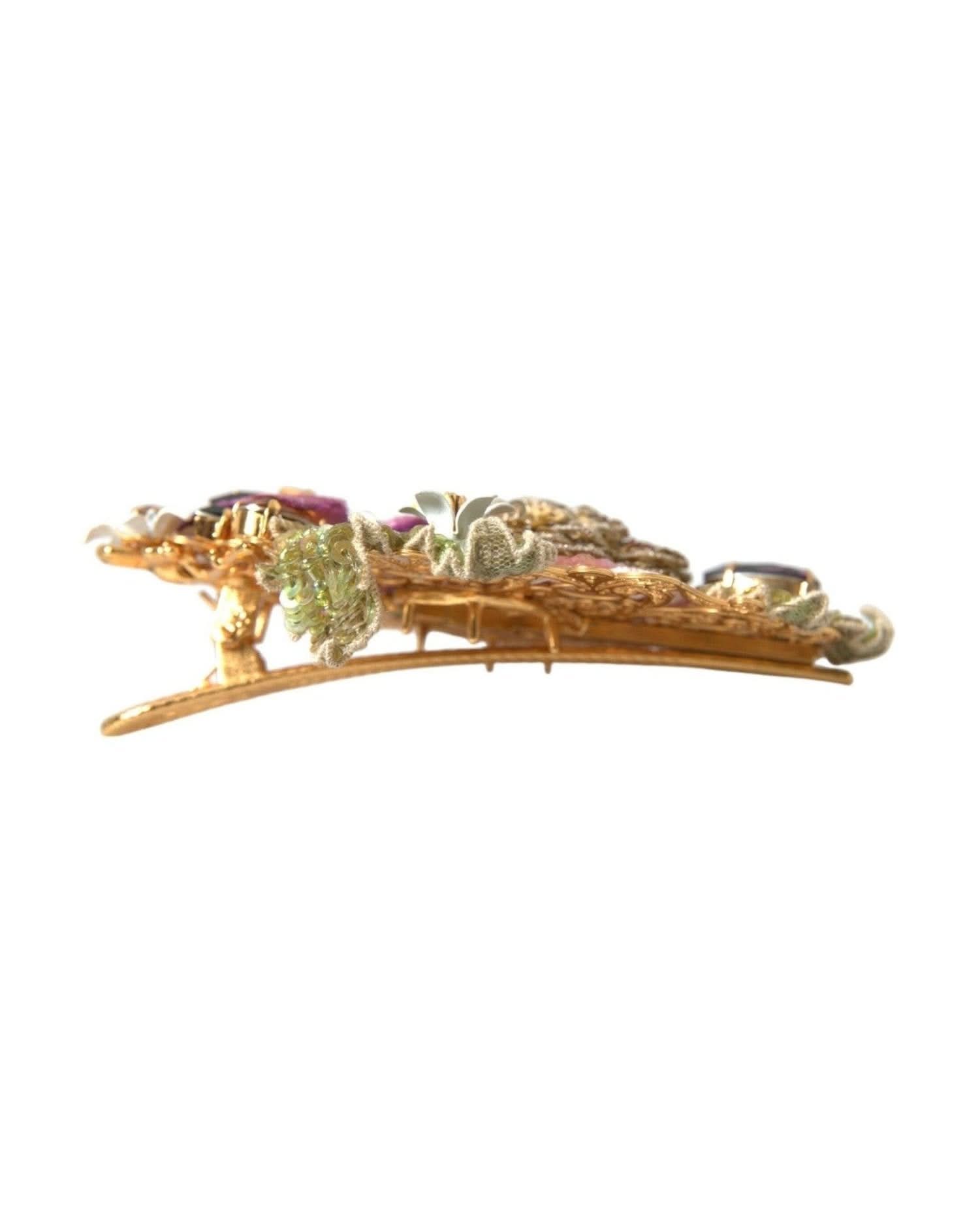Dolce & Gabbana Gold Brass Floral Crystal Sequined Hair Clip Hair Pins, Claws & Clips