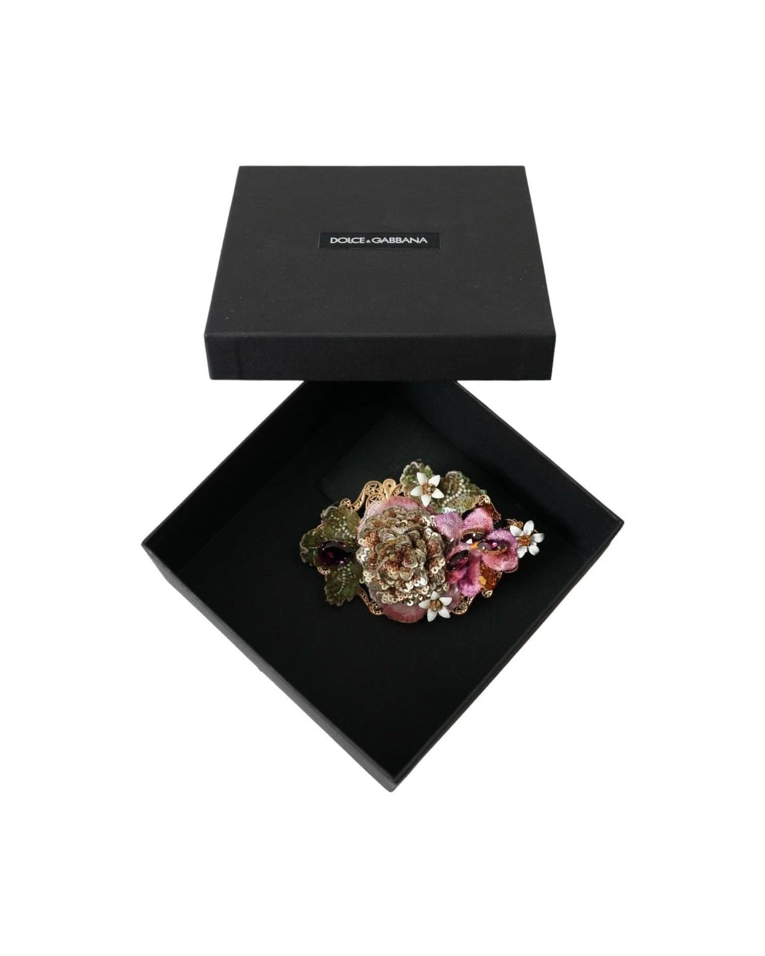 Dolce & Gabbana Gold Brass Floral Crystal Sequined Hair Clip Hair Pins, Claws & Clips