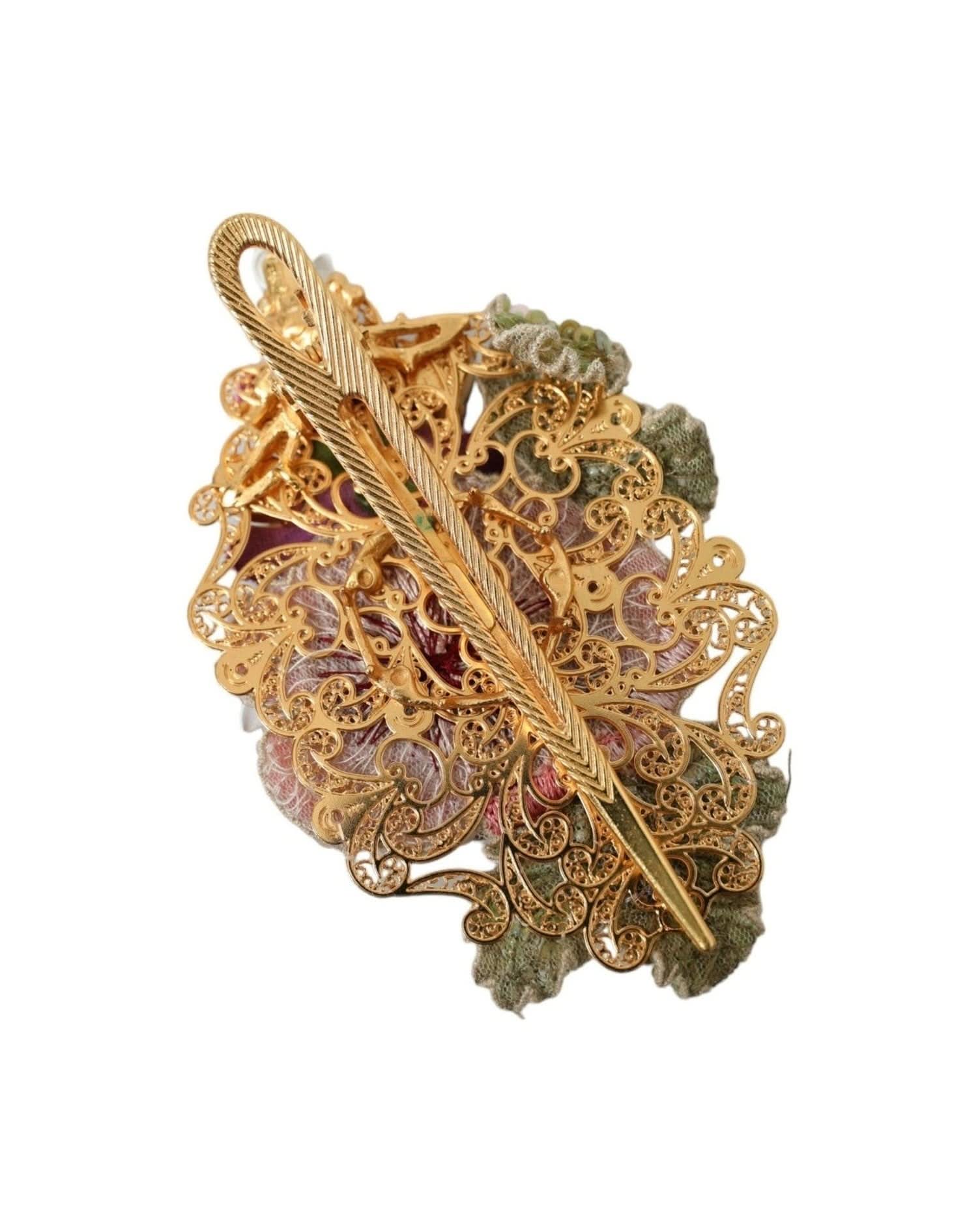 Dolce & Gabbana Gold Brass Floral Crystal Sequined Hair Clip Hair Pins, Claws & Clips