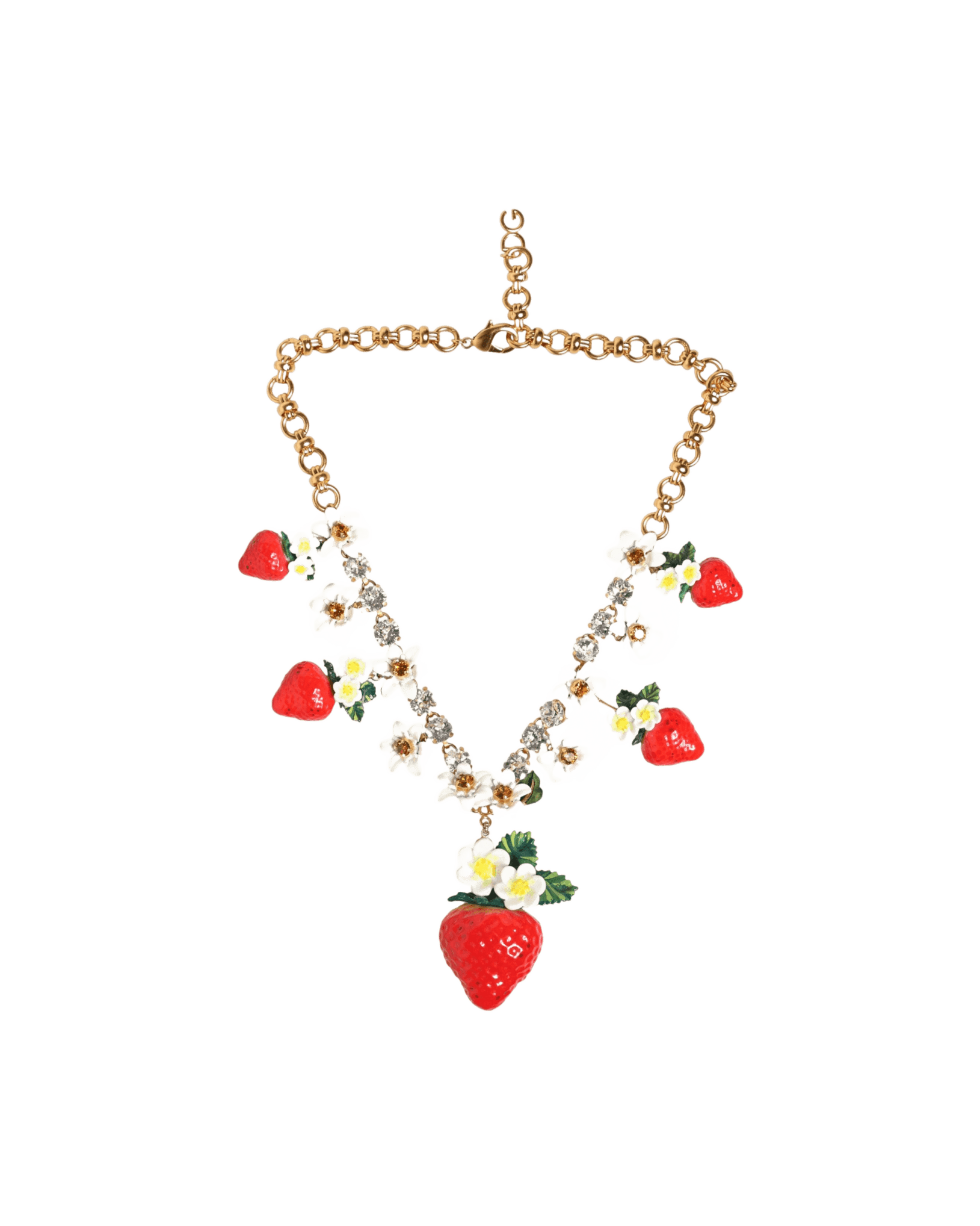Dolce & Gabbana Gold Brass Fruit Pendants Flowers Crystal Logo Necklace Necklaces