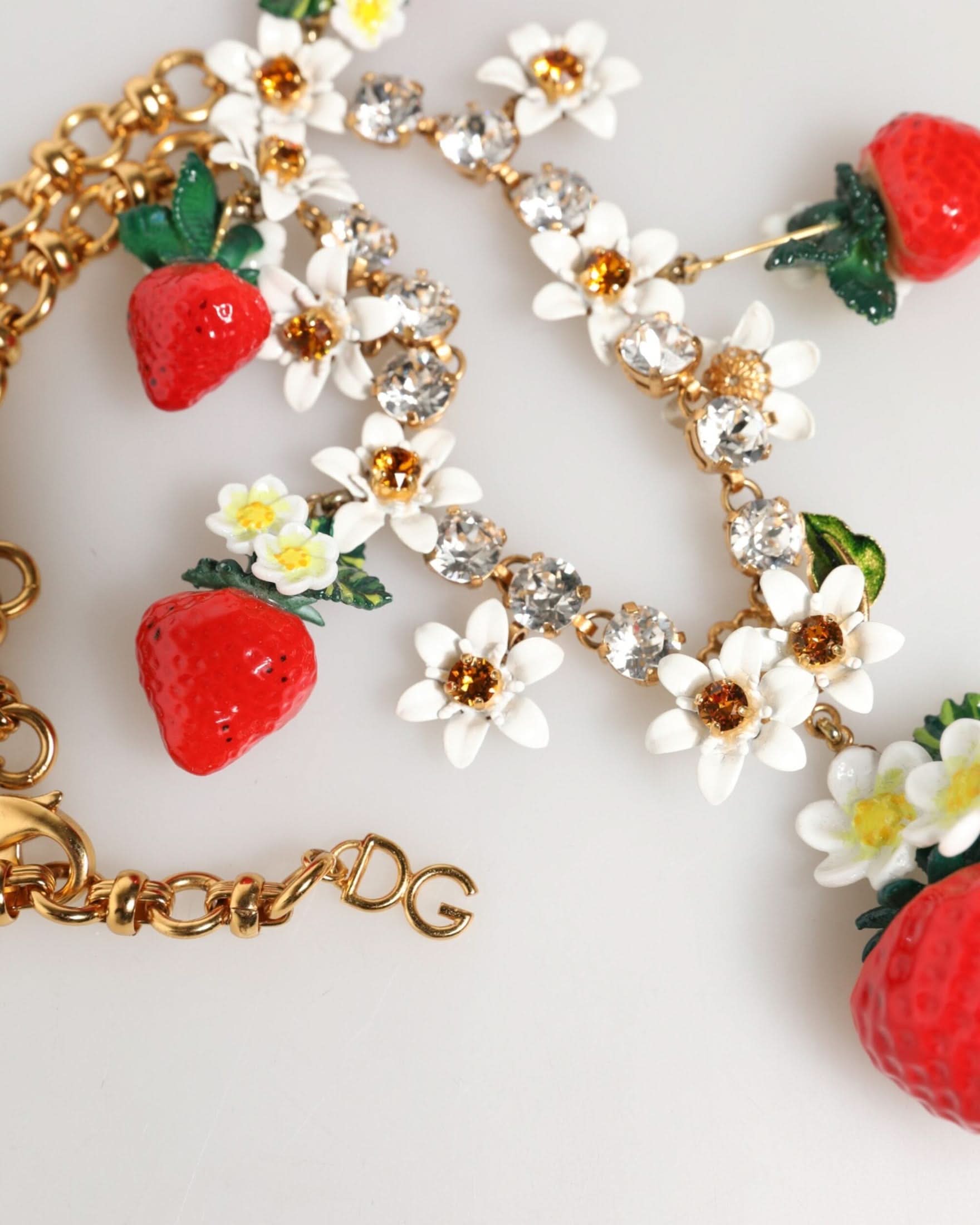 Dolce & Gabbana Gold Brass Fruit Pendants Flowers Crystal Logo Necklace Necklaces
