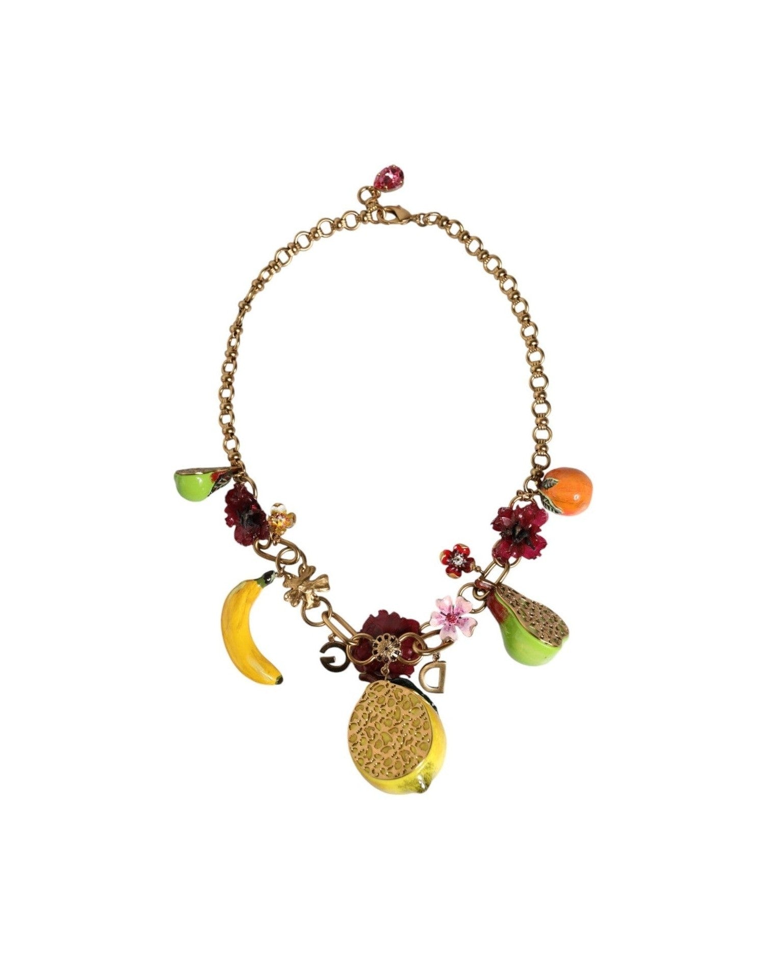 Dolce & Gabbana Brass Fruit Pendants Flowers Crystal Logo Gold Necklace Glam Steals