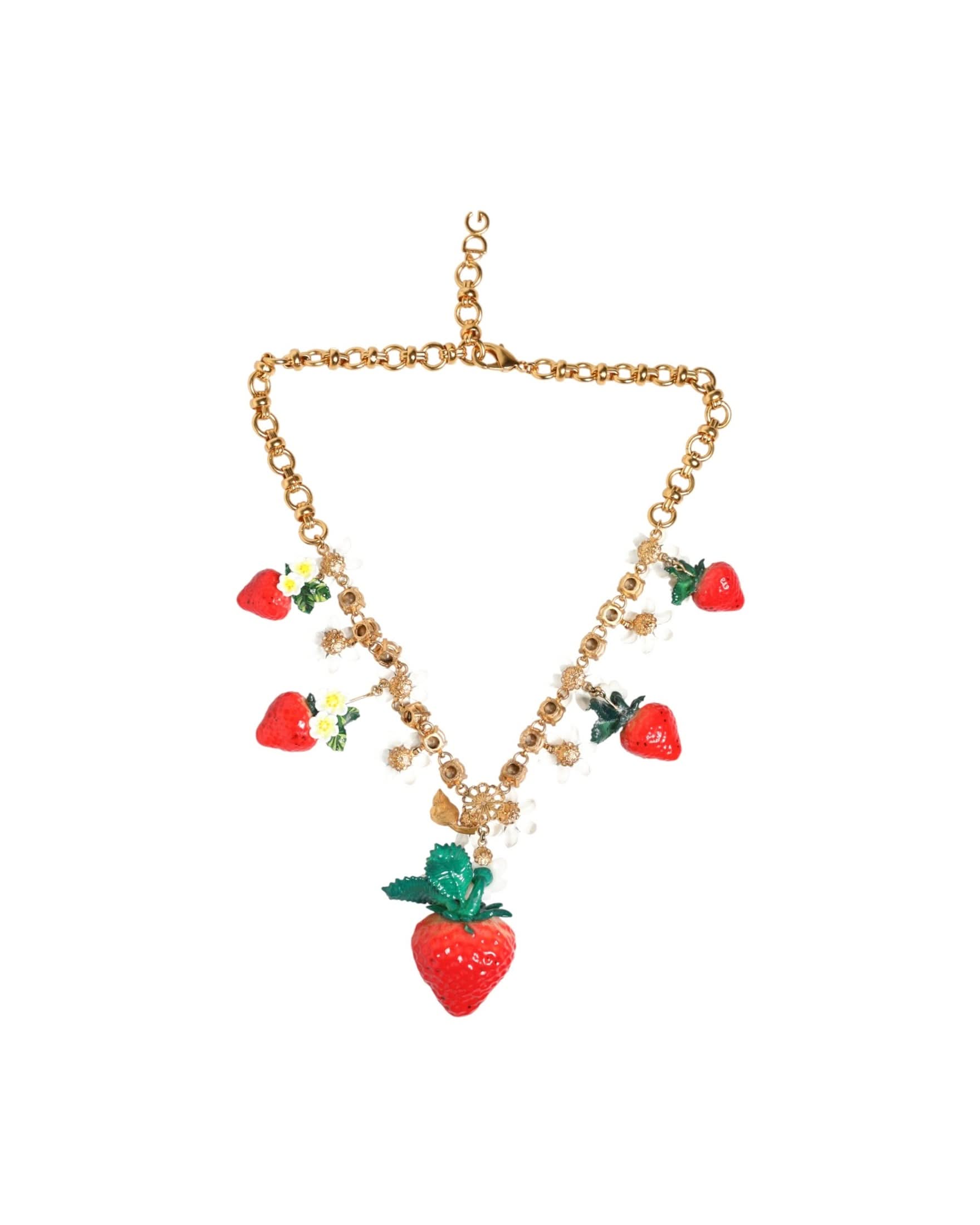Dolce & Gabbana Gold Brass Fruit Pendants Flowers Crystal Logo Necklace Necklaces