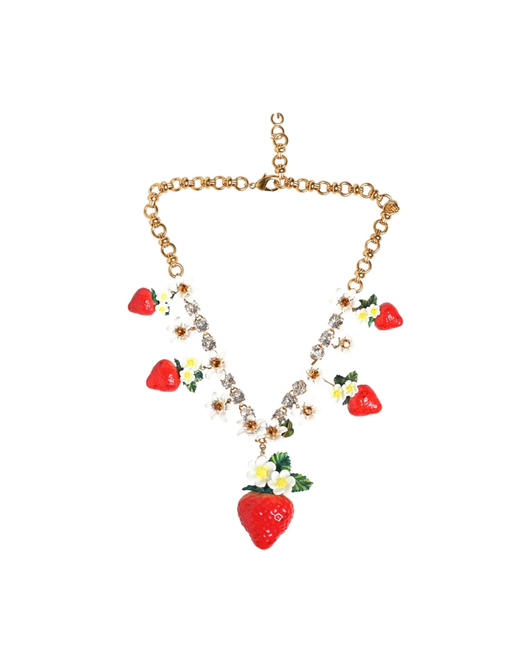 Dolce & Gabbana Gold Brass Fruit Pendants Flowers Crystal Logo Necklace Necklaces