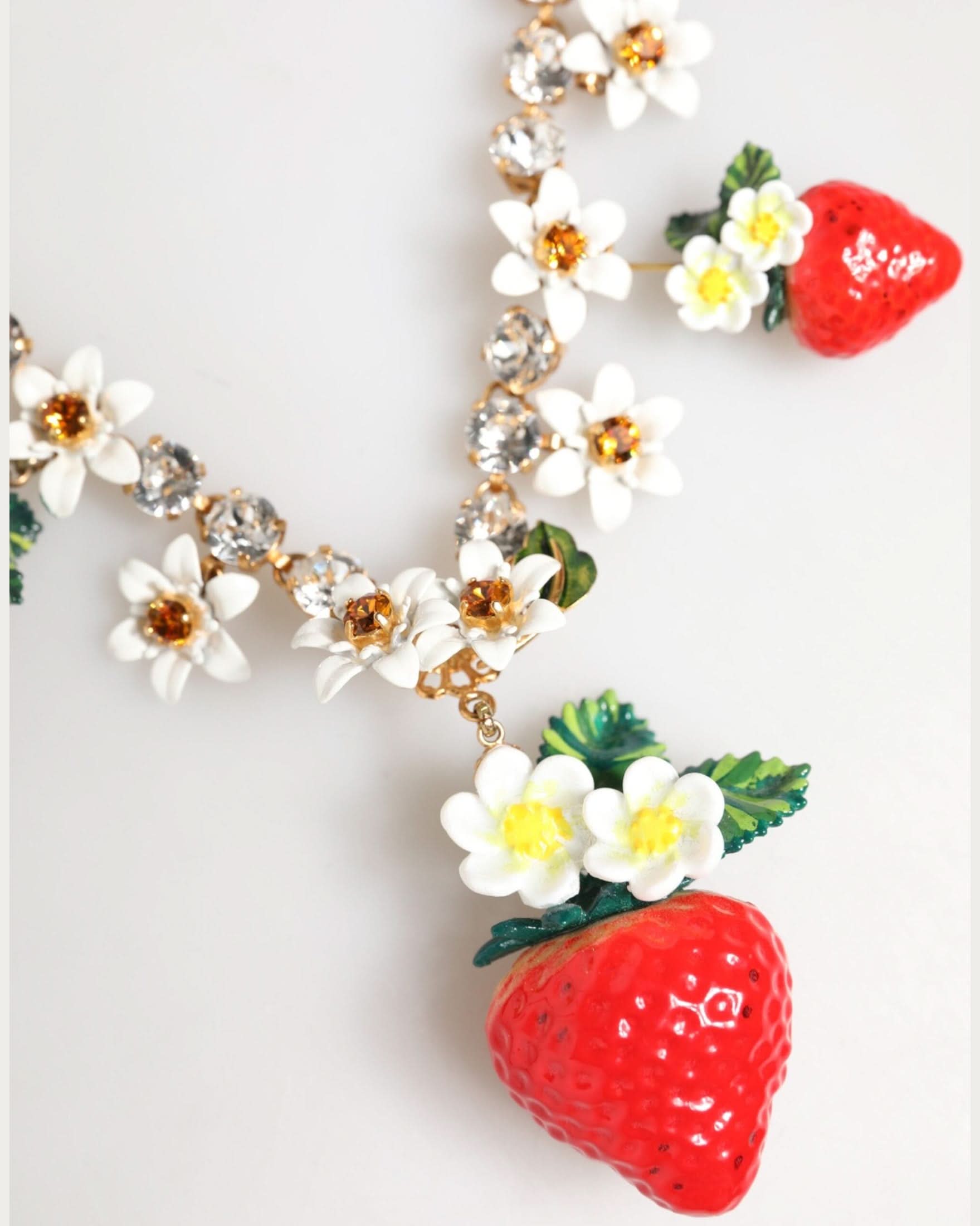 Dolce & Gabbana Gold Brass Fruit Pendants Flowers Crystal Logo Necklace Necklaces