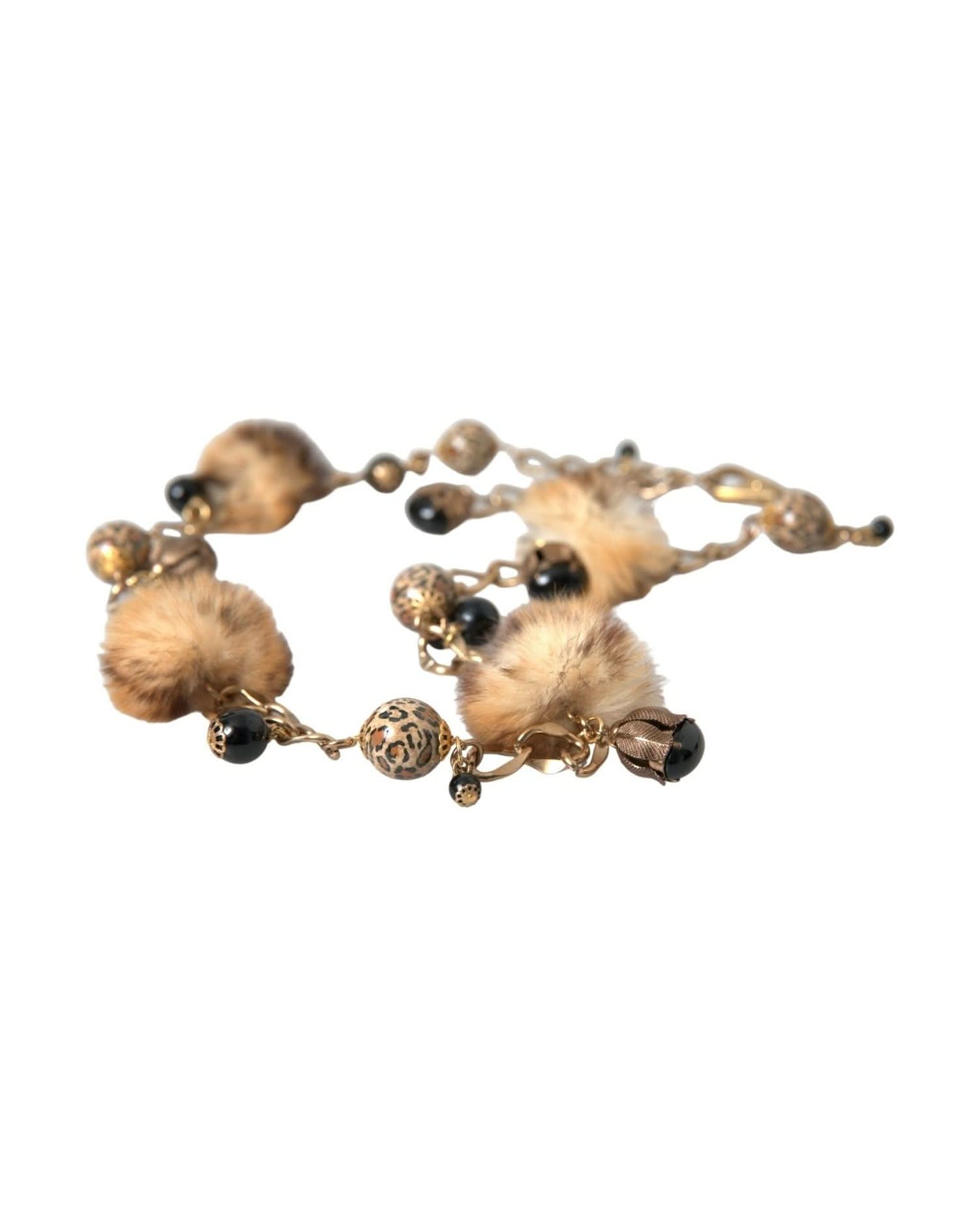 Dolce & Gabbana Gold Brass Leopard Fur Pearl Collier Chain Belt Belts