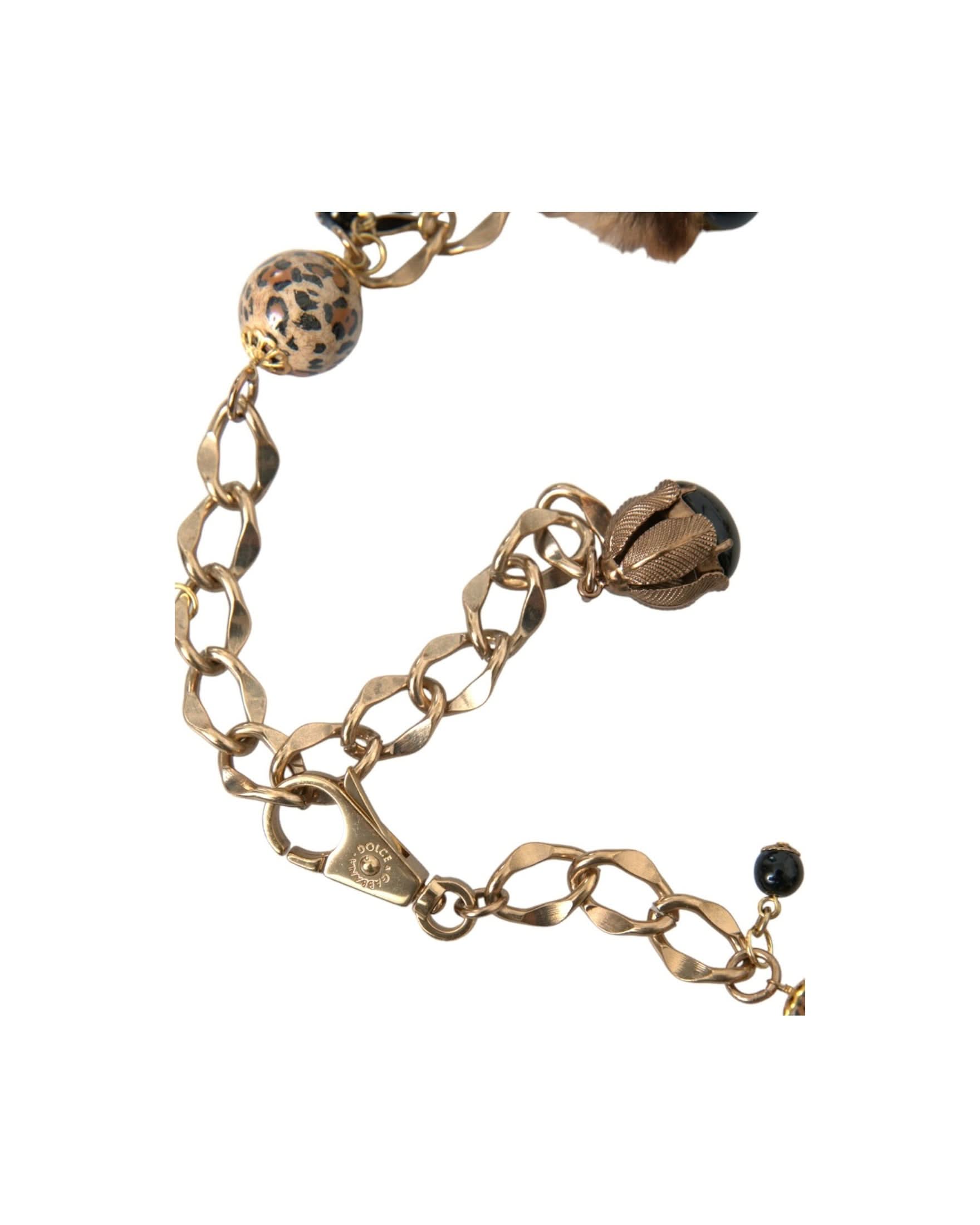 Dolce & Gabbana Gold Brass Leopard Fur Pearl Collier Chain Belt Belts