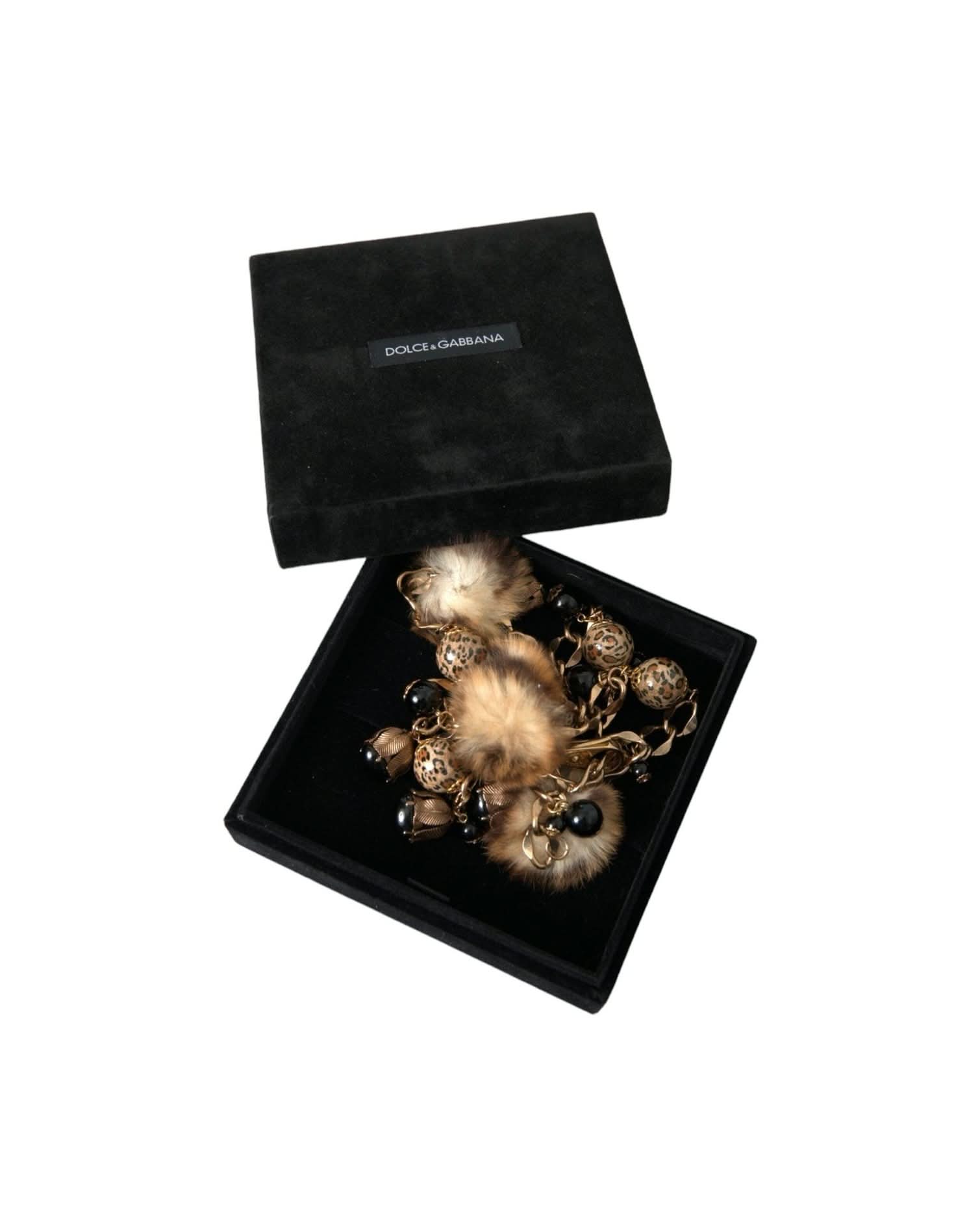Dolce & Gabbana Gold Brass Leopard Fur Pearl Collier Chain Belt Belts