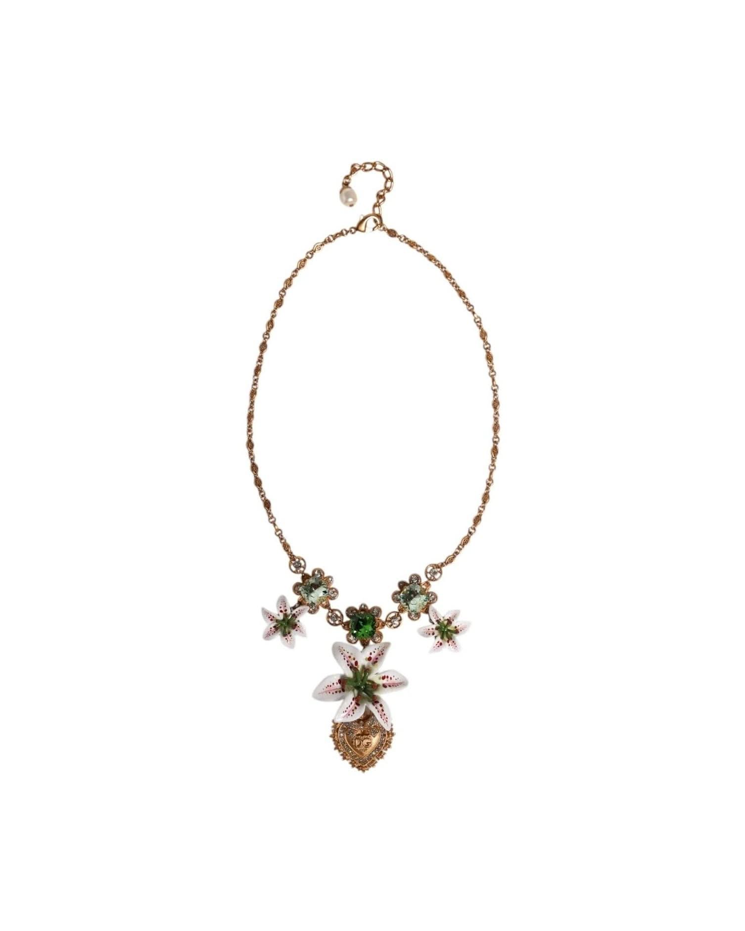 Dolce & Gabbana Gold Brass Lily Crystal Sacred Heart Pendant Necklace Necklaces