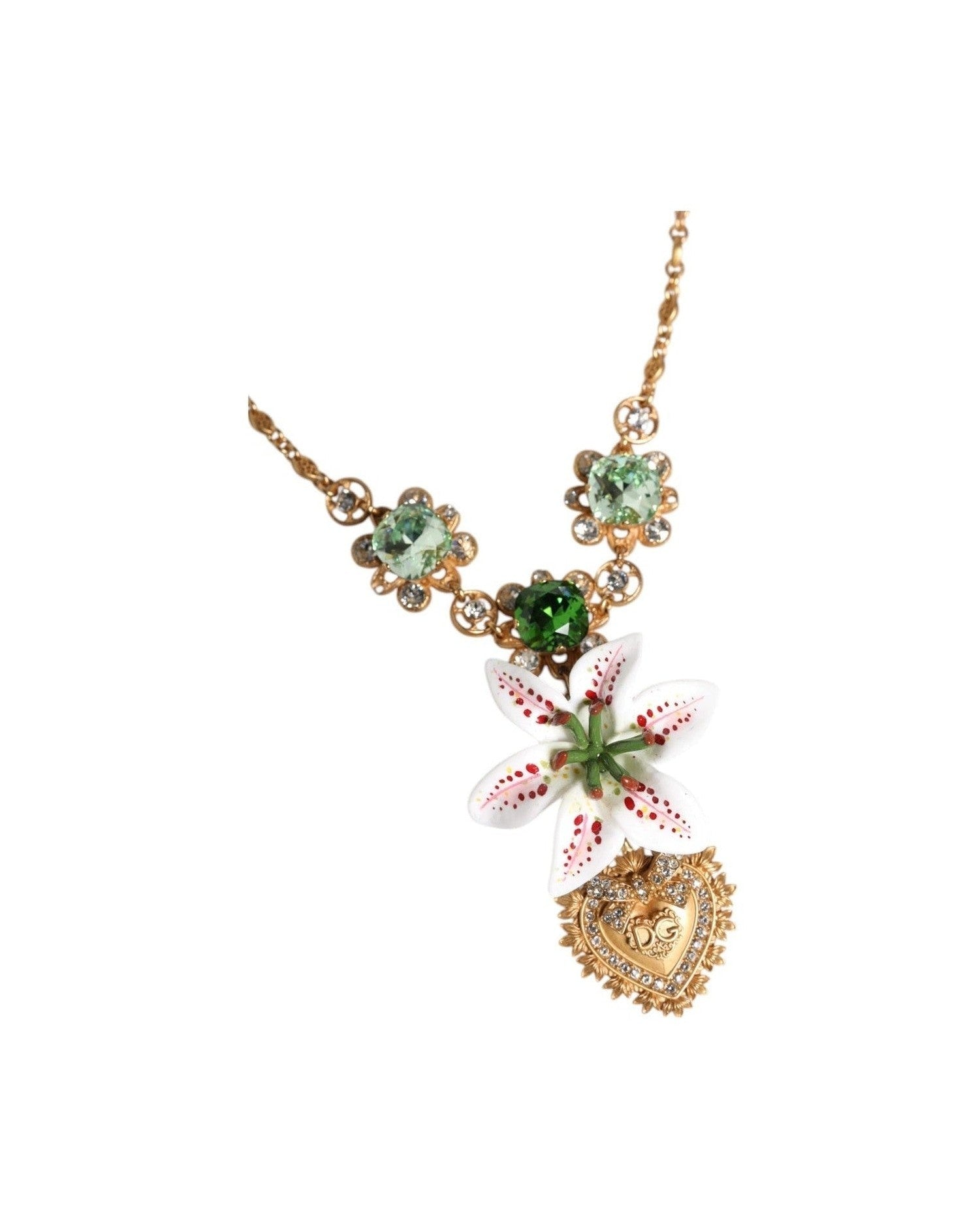 Dolce & Gabbana Brass Lily Crystal Sacred Heart Pendant Gold Necklace Glam Steals