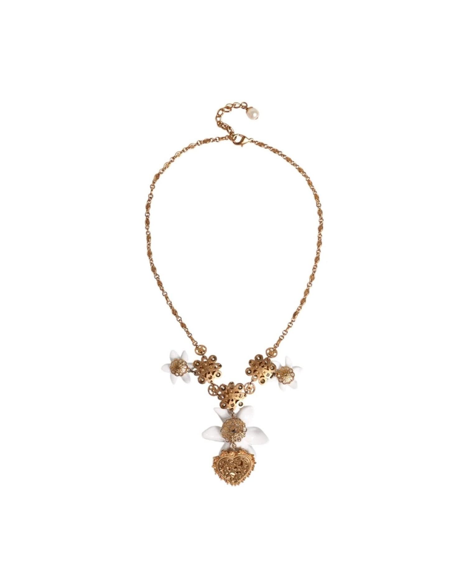 Dolce & Gabbana Gold Brass Lily Crystal Sacred Heart Pendant Necklace Necklaces