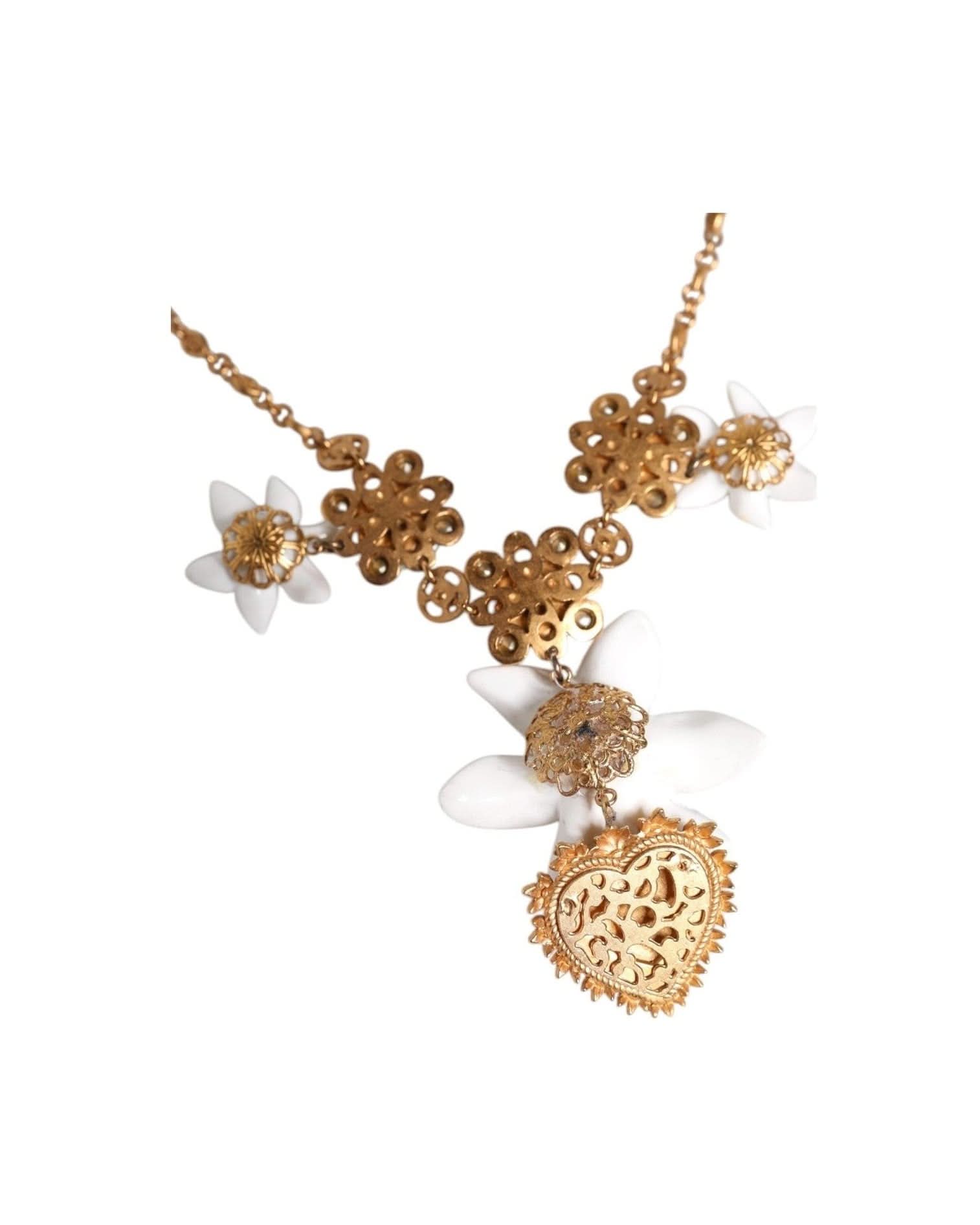 Dolce & Gabbana Gold Brass Lily Crystal Sacred Heart Pendant Necklace Necklaces
