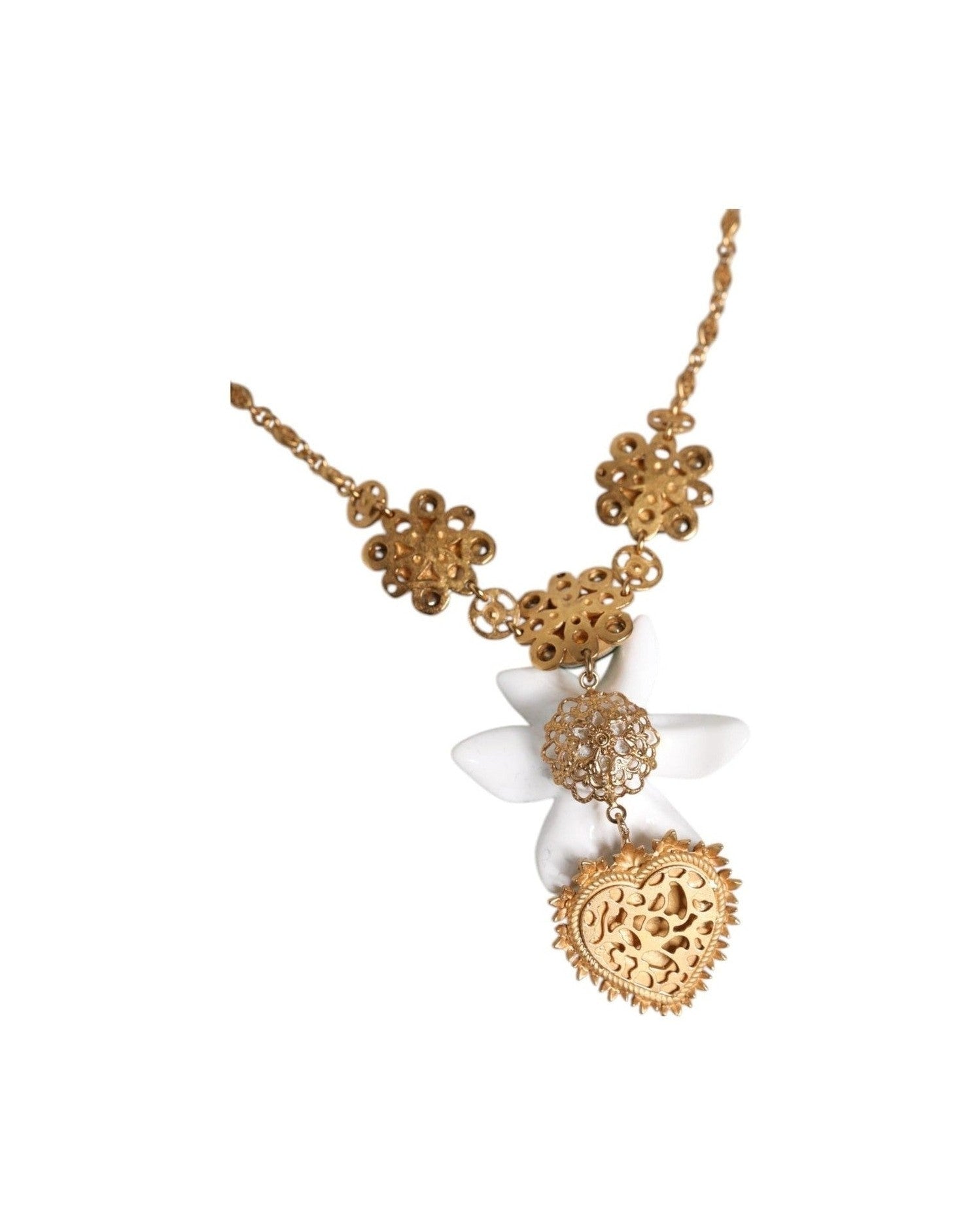 Dolce & Gabbana Brass Lily Crystal Sacred Heart Pendant Gold Necklace Glam Steals