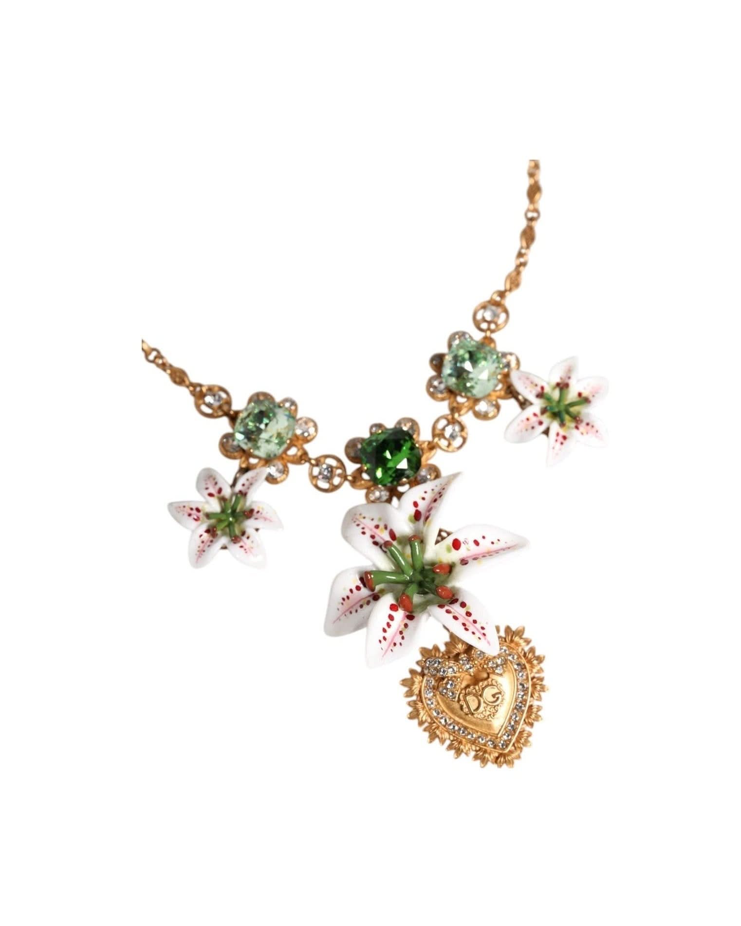 Dolce & Gabbana Gold Brass Lily Crystal Sacred Heart Pendant Necklace Necklaces