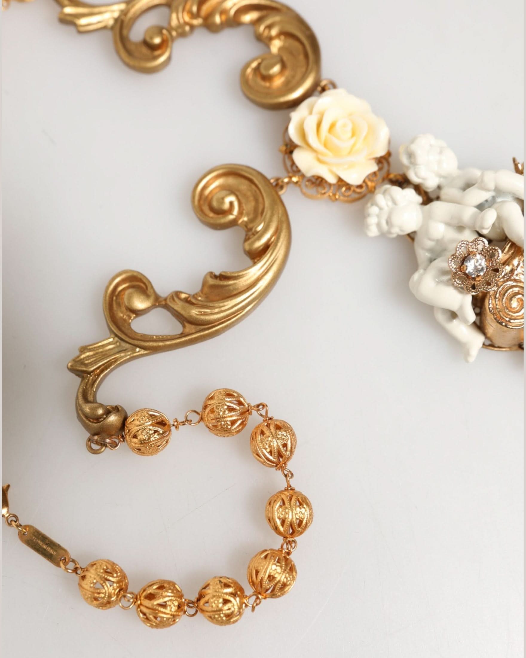 Dolce & Gabbana Gold Ceramic Crystal Cherub Baroque Pendant Necklace Necklaces