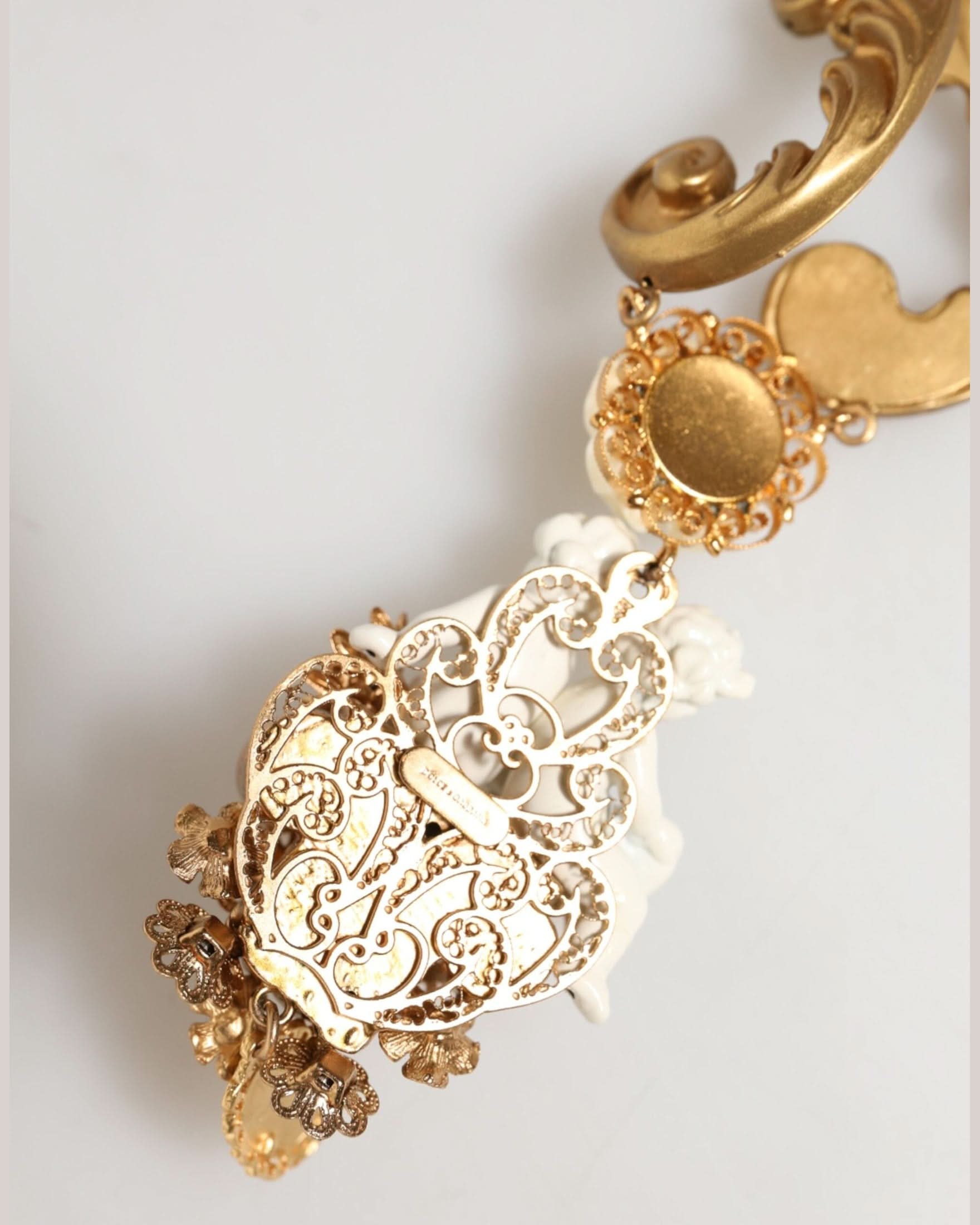 Dolce & Gabbana Gold Ceramic Crystal Cherub Baroque Pendant Necklace Necklaces