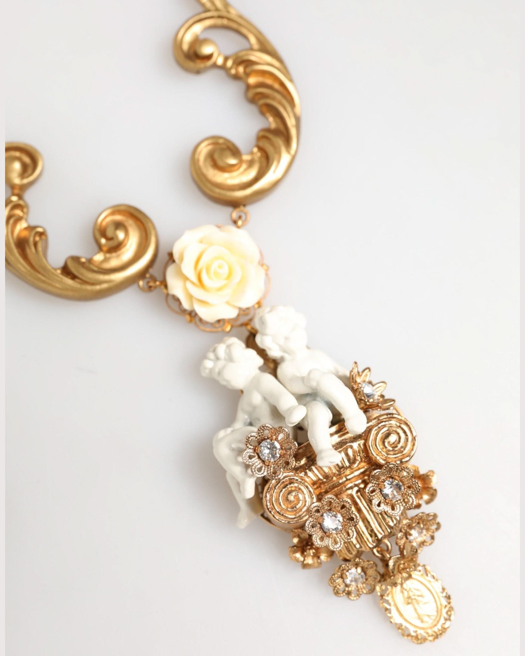 Dolce & Gabbana Gold Ceramic Crystal Cherub Baroque Pendant Necklace Necklaces