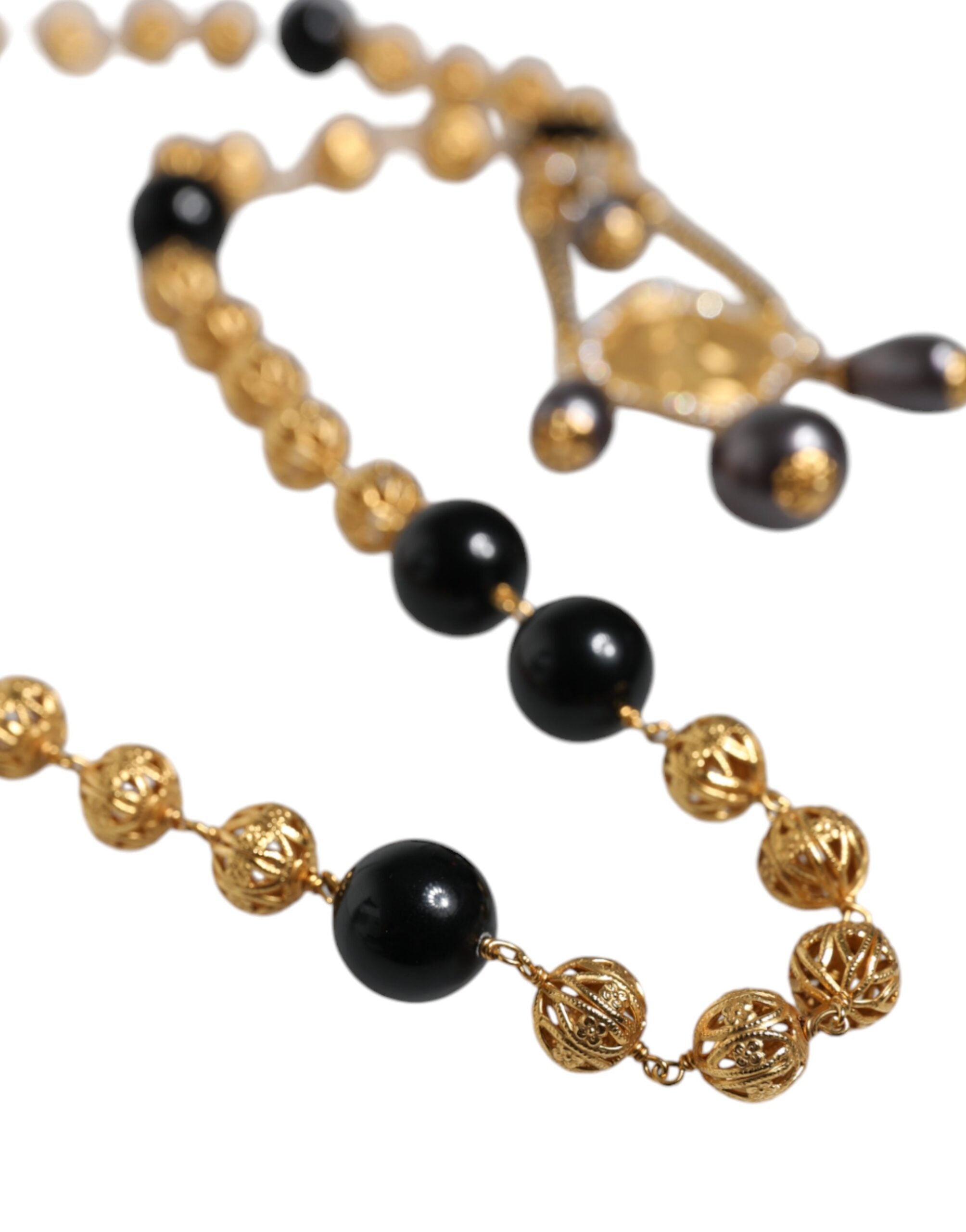 Dolce & Gabbana Gold Chain Brass Black Beaded Rosary Style Necklace Glam Steals