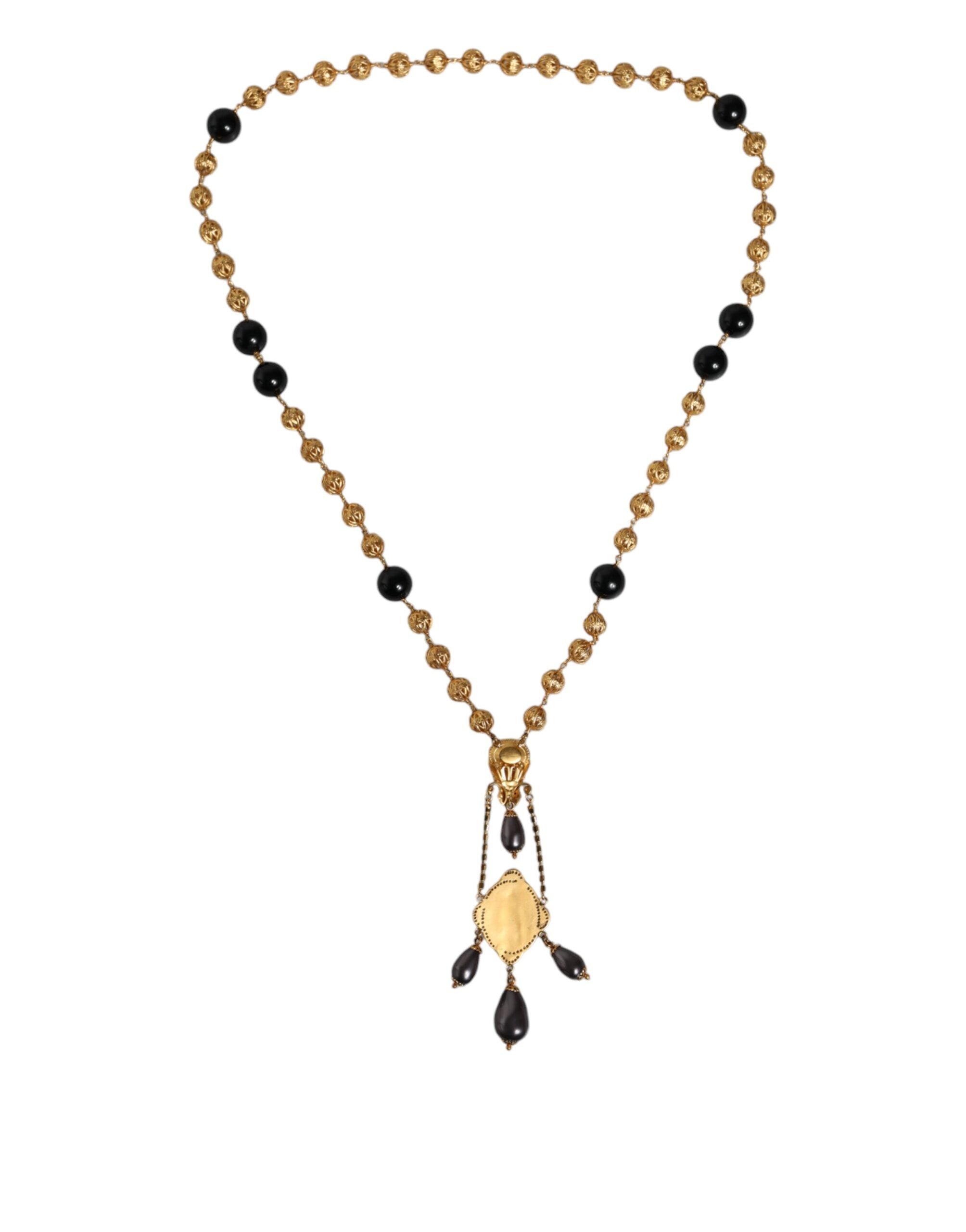 Dolce & Gabbana Gold Chain Brass Black Beaded Rosary Style Necklace Glam Steals
