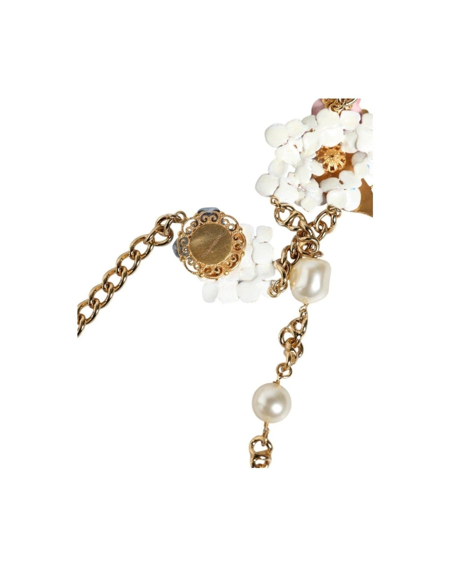 Dolce & Gabbana Chain Brass Floral Layered Crystal Pearl Gold Necklace Glam Steals