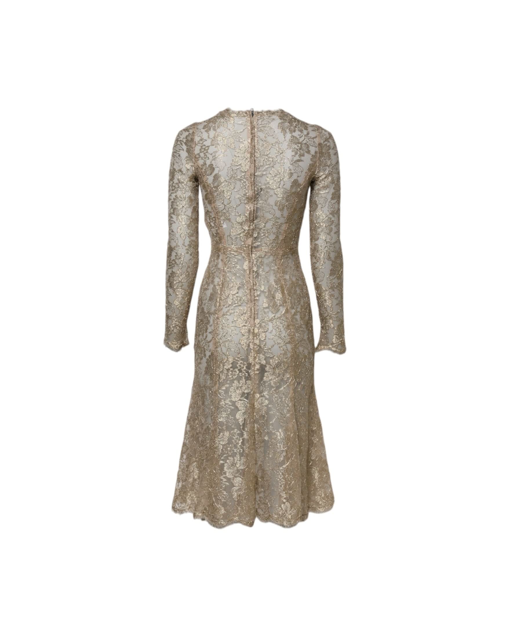 Dolce & Gabbana Gold Lace Floral Long Sleeves Fit Flare Dress Dresses