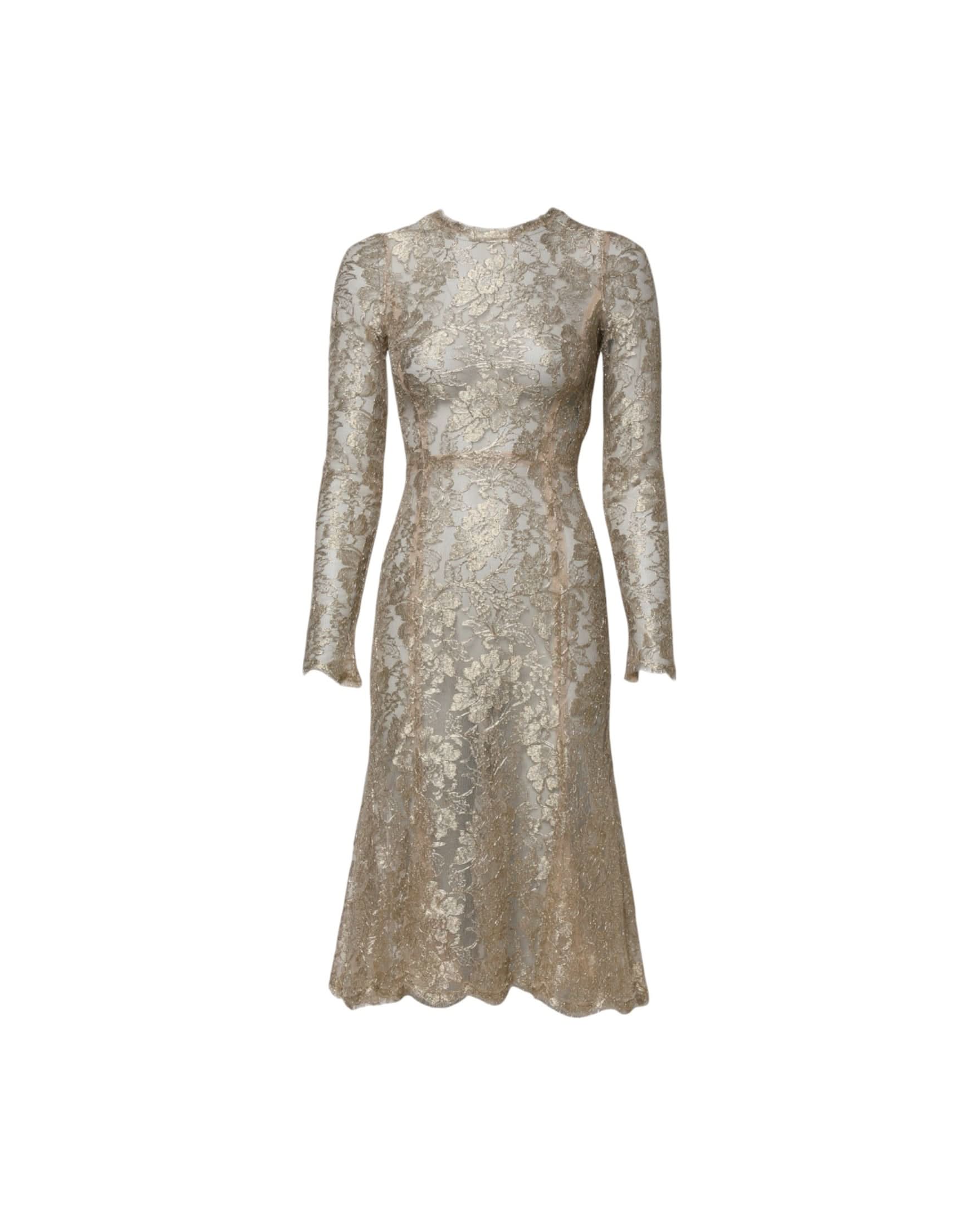 Dolce & Gabbana Gold Lace Floral Long Sleeves Fit Flare Dress Dresses