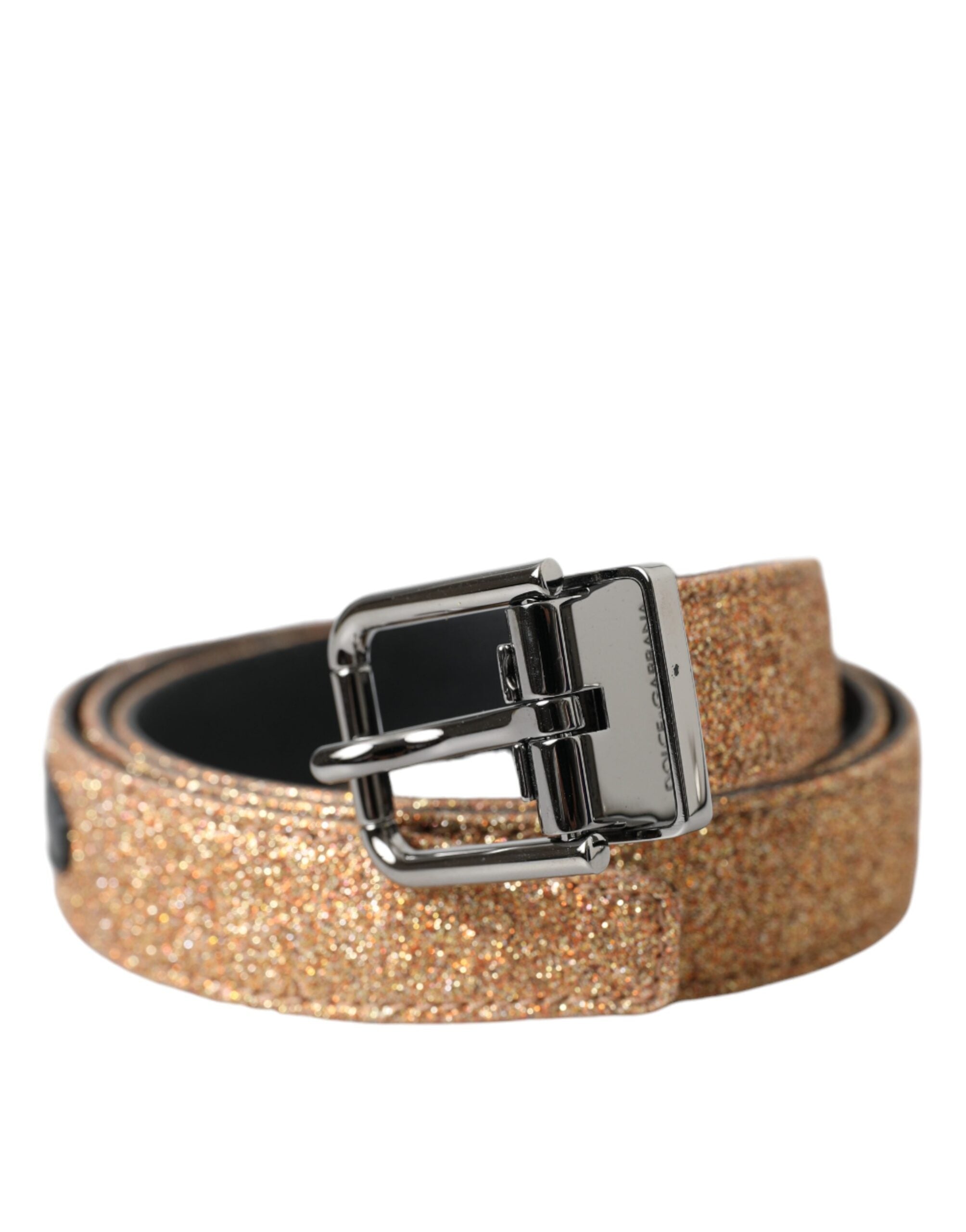 Dolce & Gabbana Gold Leather Glitter Silver Metal Buckle Belt Glam Steals
