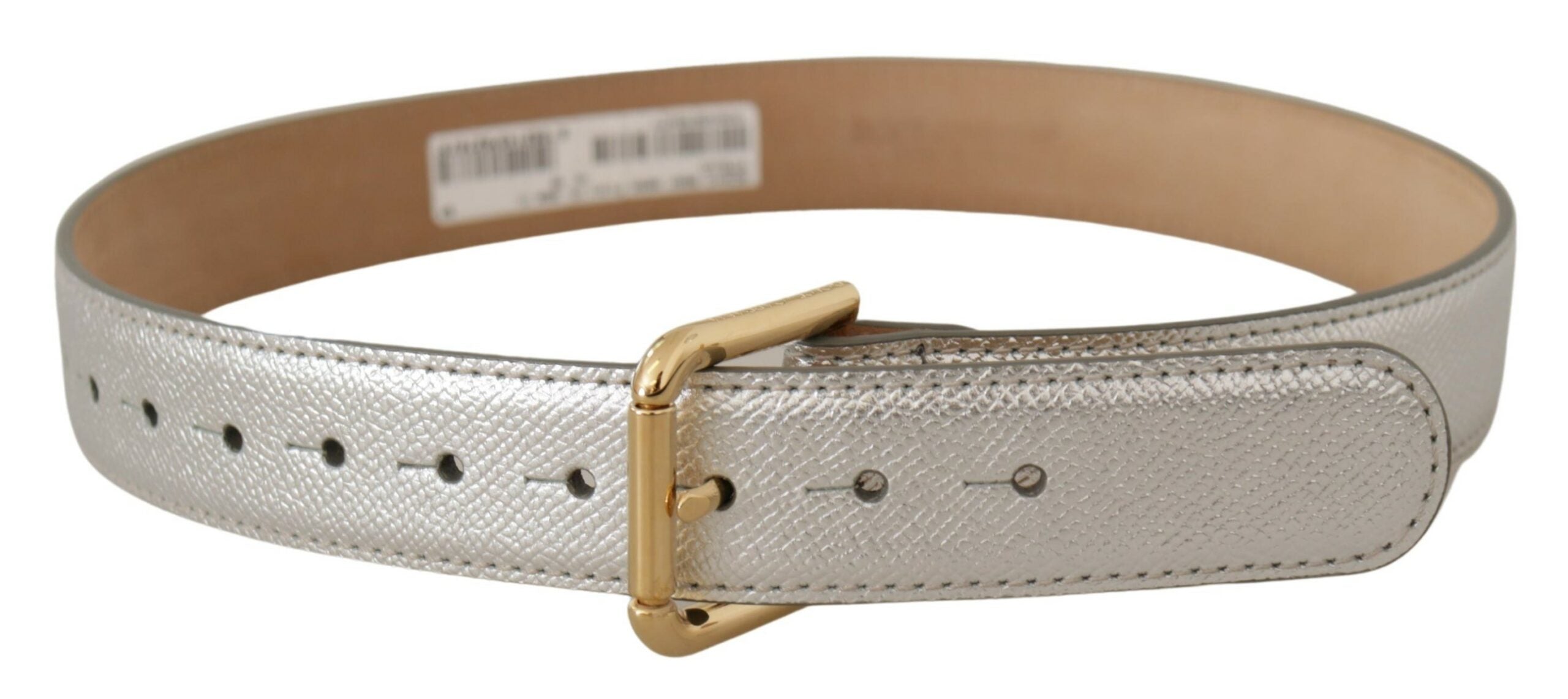 Dolce & Gabbana Gold Leather Silver Tone Logo Metal Waist Buckle Belt Glam Steals